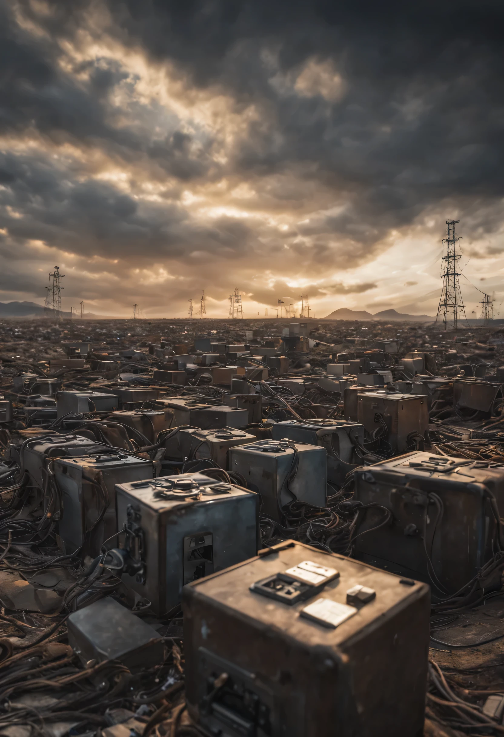 Eine fotorealistische, extrem weitwinkelige, herausgezoomte Aufnahme aus einem Film mit interessanter Komposition, all filled with scrap electrical equipment, box-shaped computers, Kabeln, Rohren, vollgestopfter Schrottplatz, Science fiction desert, Unwirklich, dunkelbraun robust, gezackt, and rocky gray dystopian desert landscape. Schrottplatz rostiges Metall schwarzbraunes Metall, The desert landscape is full of thousands and millions of small metal computer boxes with thousands of cables on top , Viele Details, im Himmel, Es entfaltet sich ein verschwommener, dichter, sonnenbeschienener, wolkiger, regnerischer Sonnenuntergang, Transition from a gray-blue shade to lighter gray tones. dystopisches Wetter