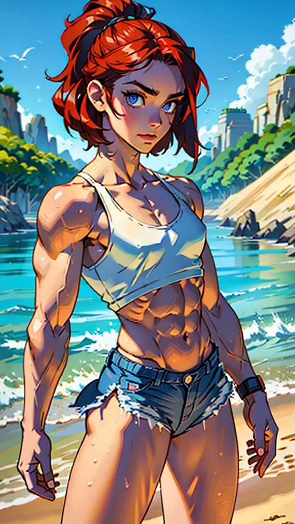muscular, large bare breasts, toned body, 1 girl, ginger hair, pale skin, blue eyes, short pixie hair (at the tropical beach) looking at viewer close up (dc character 'robin') bikini thong,nipples, pinup poses