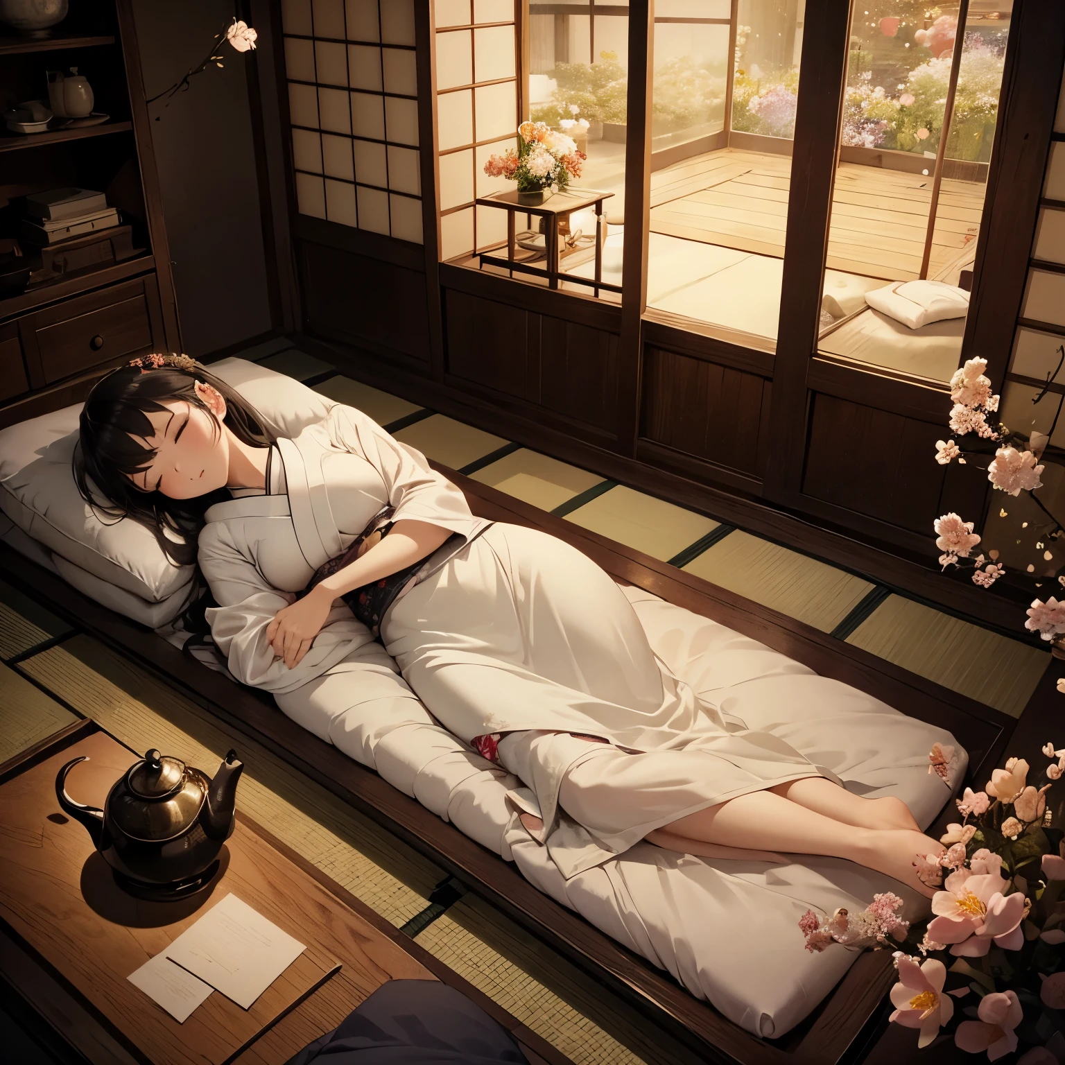 Young Japanese woman, antique mattress, sleeping, dark room, fireflies, cold weather, warm air, full body image, chills, teapot, flowers 