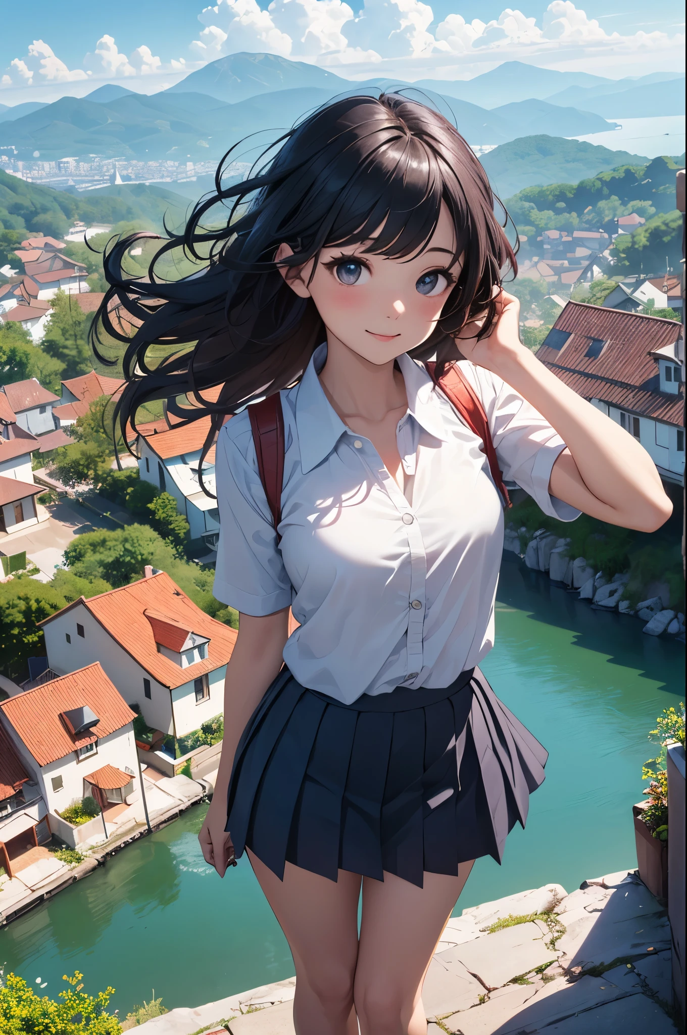 Very cute and beautiful girl looking at the sea on the top of the mountain,(Very detailed的美丽的脸和眼睛:1.2),
Smile,cowboy shooting,Qingfu,(Navy blue pleated mini skirt),black hair,Absolute opportunity,
(Looking at the sea,From the top of the mountain),Many houses with red roofs,detailed landscape,
(best quality,masterpiece:1.2),intricate details,Very detailed,high resolution,alone,
dynamic angle,natural lighting,hair blowing in the wind,beautiful detailed sky,perfect hands,(actual),