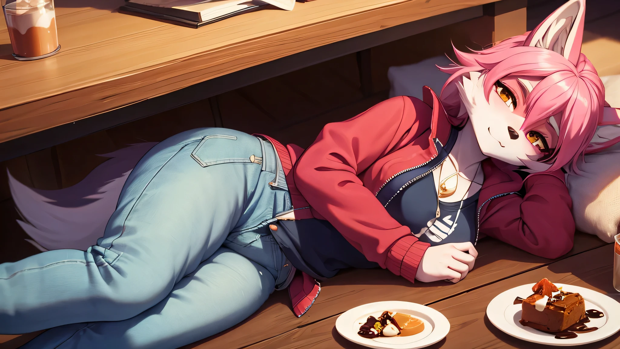 1 female wolfdog, alone,, table, spooning, Eat pudding,, masterpiece, best quality,Denim Jacket Sweatpants Sunglasses