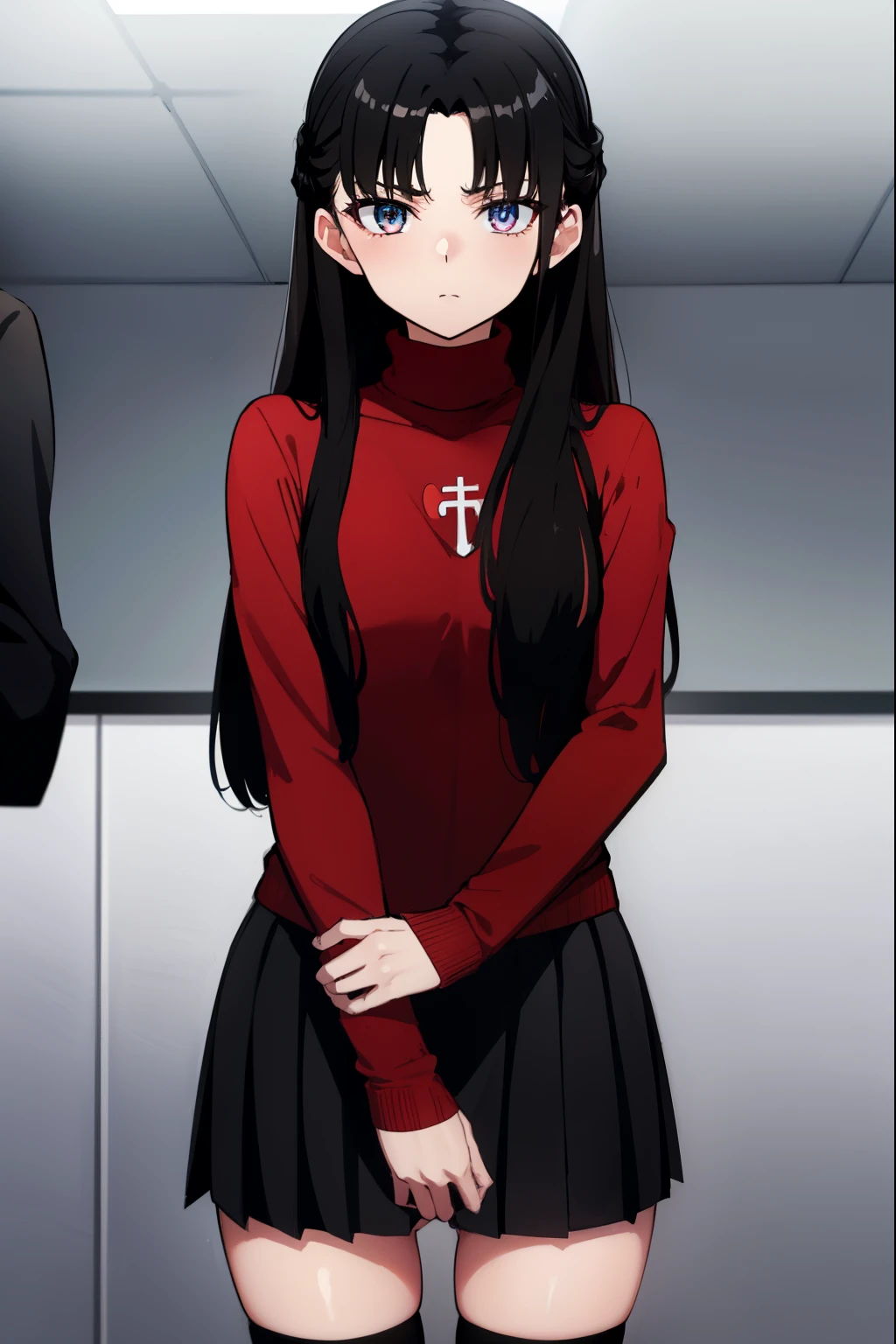 RinTohsaka, Rin Tosaka Kyoccho, sea green eyes, (Black hair:1.5), hair tape, long hair, tape, side locks, two sides up, (Parted bangs:1.5),
BREAK black skirt, black thigh high, long sleeves, miniskirt, pleated skirt, (red sweater:1.5), skirt, sweater, thigh high, turtleneck top,
BREAK indoors, class,
BREAK looking at viewer, (cowboy shot:1.5)
BREAK (masterpiece:1.2), Best quality, a high resolution, Unity 8k Wallpaper, (illustration:0.8), (beautiful detailed eyes:1.6), very detailed face, perfect lighting, Extremely detailed computer graphics, (perfect hands, perfect anatomy),