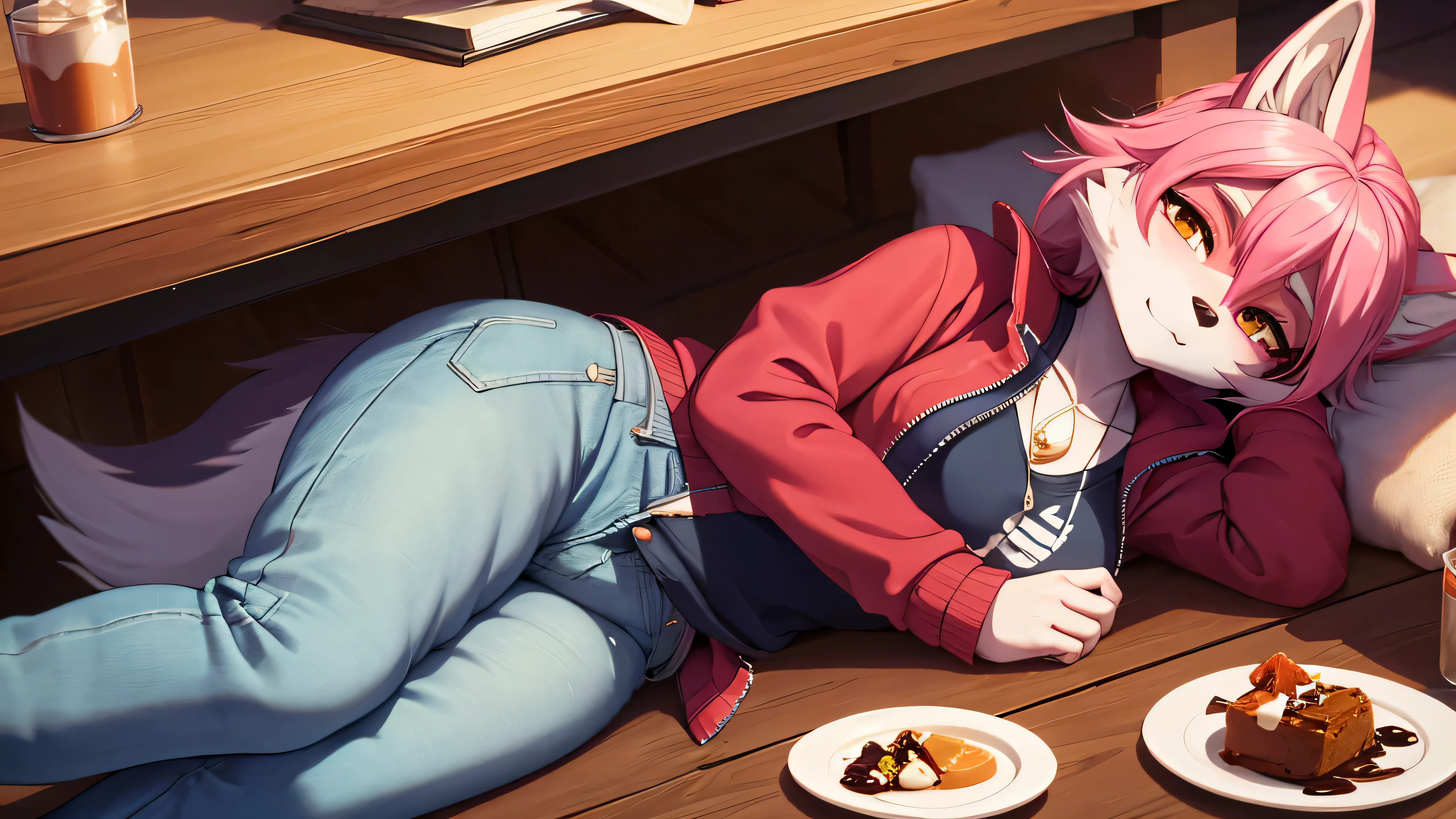 1 female wolfdog, alone,, table, spooning, Eat pudding,, masterpiece, best quality,Denim Jacket Sweatpants Sunglasses