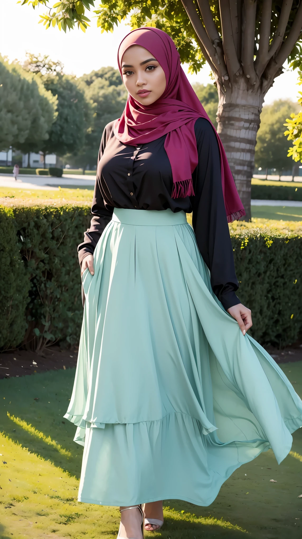 RAW, Best quality, high resolution, masterpiece: 1.3), beautiful Malay woman in hijab, Masterpiece, perfect fit body, big breasts, beautiful big eyes, Soft smile,thick thighs, muslim woman wearing a skirt standing in a park, dressed in long fluent skirt, long skirt, wearing a long flowy fabric, dressed with long fluent clothes, wearing an elegant outfit, layered skirts, full body picture, with lovely look, highly fashionable, hijab City parks, Great lighting, Bright colors, Ultra realistic clean lines, very realistic