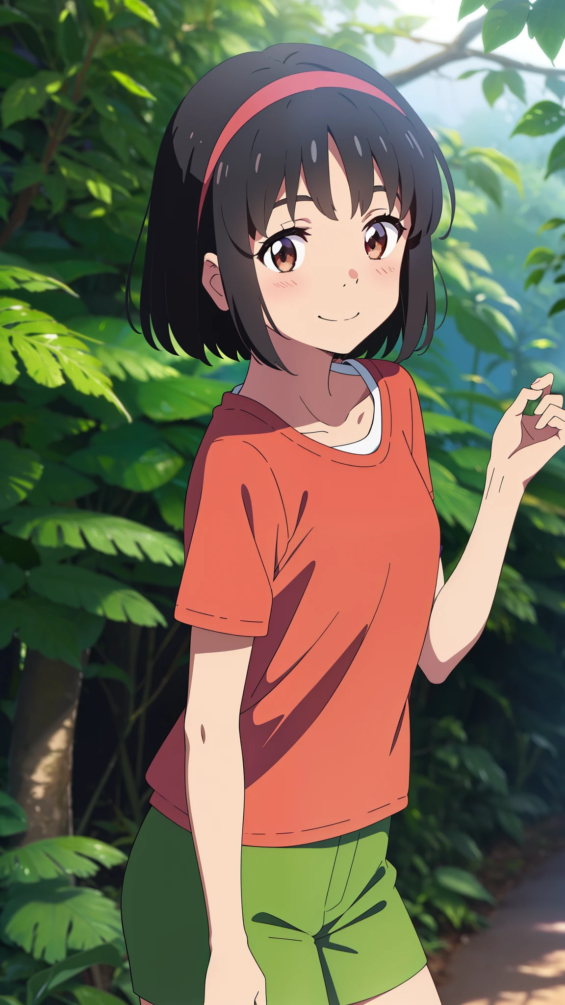 shinkai makoto, kimi no na wa., 1girl, bangs, black hair, blush, brown eyes, shiny skin, red headband, casual shirt, shorts, short hair, smile, cute, solo, happy, upper body, Rainforest background, in the forest