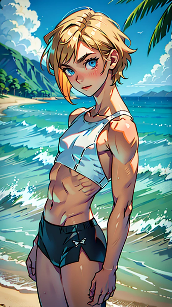 (masterpiece, high quality), 1girl, Caucasian, tomboy, , slender, short blonde hair, blue eyes, 12-years-old, (tropical beach background), (black panties), white crop top, strong arms, muscular thighs, ripped muscles, six pack abs, muscle arms, muscular, flat chest, hyper detailed, Intricate design, Luminous, 4K, 8K, Cinematic lighting, Contour lighting, bright, soft light