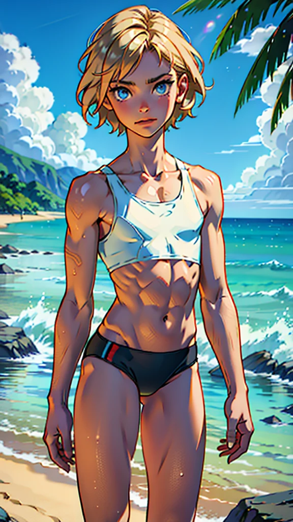 (masterpiece, high quality), 1girl, Caucasian, tomboy, , slender, short blonde hair, blue eyes, 12-years-old, (tropical beach background), (black panties), white crop top, strong arms, muscular thighs, ripped muscles, six pack abs, muscle arms, muscular, flat chest, hyper detailed, Intricate design, Luminous, 4K, 8K, Cinematic lighting, Contour lighting, bright, soft light