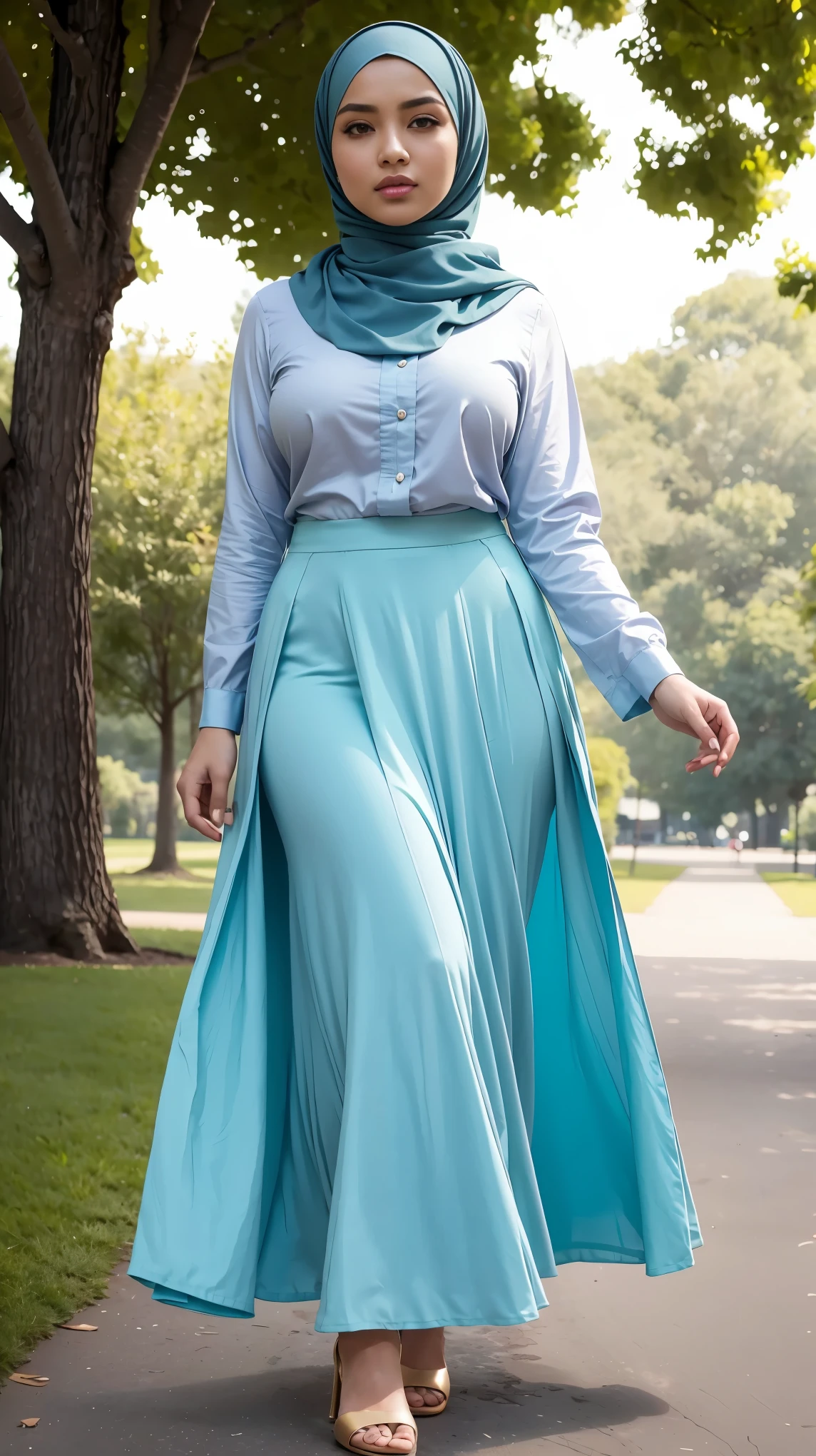 hijabi, Best quality, masterpiece, ultra high res, (photorealistic:1.4), raw photo, 1girl, tight batik dress, framing by flower field, glowing skin, light smile, low angel, pose as pro
