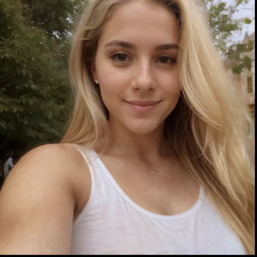 A 23-year-old blonde woman, ((pechos grandes)), ((hiperrealismo)) ,. blonde hair with light brown roots. cabello rubio, Hair with brown roots, cabello extra largo, cabello muy largo, really long hair, Beautiful, Front view, selfie, photo taken with iPhone, elegant yellow tank with escote, escotada, selfie in the quad, high quality, selfie iPhone, shy smile