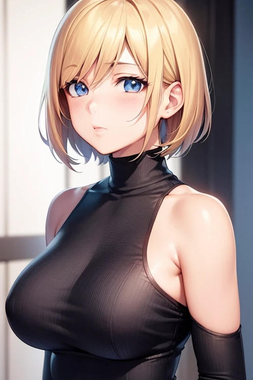 mangamichirum, 1girl, blond hair, short hair, blush, large breast, (black long sleeve undershirt, turtleneck), upper body, looking at view, (masterpiece, high resolution, best quality, anime screencap, anime colored, 8k, photorealistic), (perfect detailed anatomy, beautiful detailed eyes&hair, perfect detailed body, shiny skin)