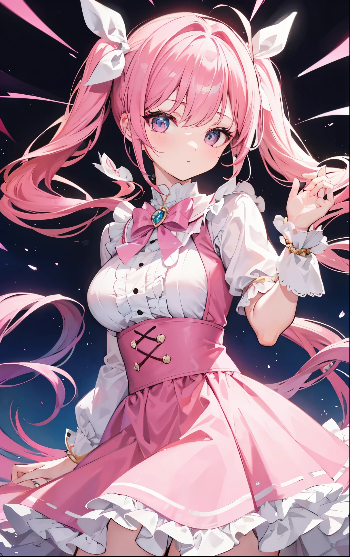 1 girl in, Pink hair, long twintails, Pink shirt, puffy collar, White fluffy skirt, Use your hands to control your heart, White ribbon on hair, Lots of hair accessories, Lolita