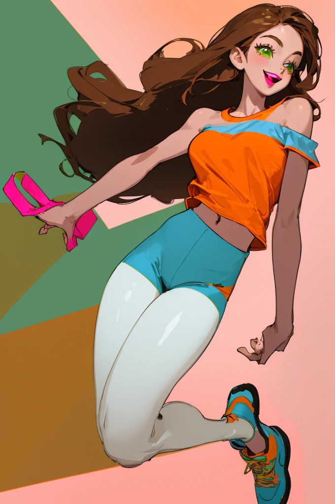 sexy, 1girl, skinny, medium breast, narrow waist, long brown hair, green eyes, big eyes, pink lipstick, one shoulder tee orange shirt, blue shorts, white leggings, black shoes, smile, open mouth, full body