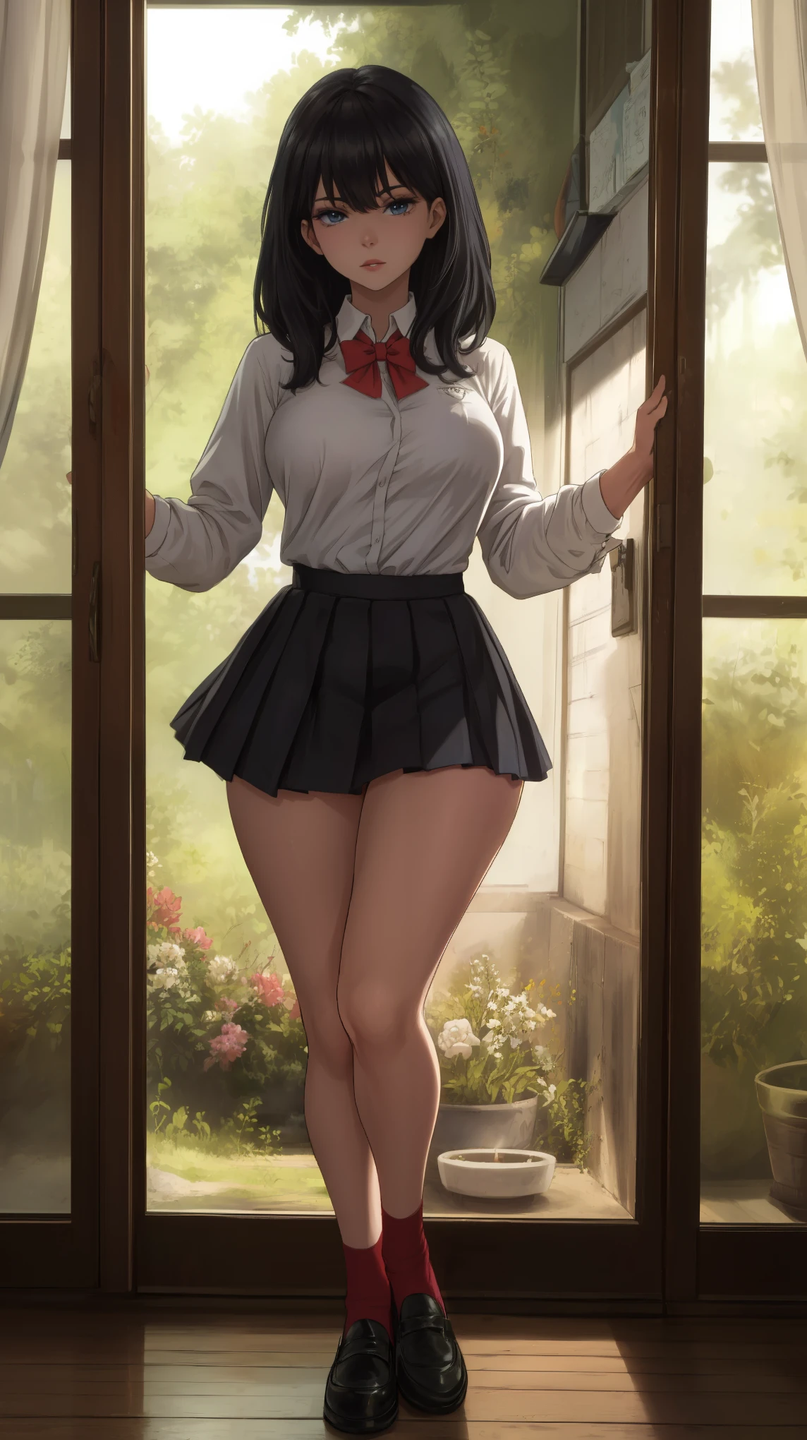 anime female character in school uniform, with short skirt,
BREAK
, rikka takarada, black hair, blue eyes, long hair, orange scrunchie, scrunchie, wrist scrunchie, (Beautiful,Huge_Breasts:1.3),
BREAK
, 1girl, solo, Standing in the garden, full body, full figure,
BREAK
, A breathtakingly beautiful garden filled with vibrant flowers, lush green plants, and a crystal-clear pond. The air is filled with the sweet scent of blooming flowers, and rays of golden sunlight gently filter through the leaves, creating a magical atmosphere, 
BREAK
, black footwear, black skirt, bow, bowtie, buttons, cardigan, collared shirt, long sleeves, microskirt, pleated skirt, red bow, red bowtie, red socks, school uniform, shirt, shoes, skirt, socks, thighs, white cardigan, white shirt, short skirt, 
BREAK
, beautiful detailed eyes, beautiful detailed lips, extremely detailed eyes and face, long eyelashes,
BREAK
, medium: oil painting, atmospheric lighting, dreamy color palette, detailed interior decoration, quiet and peaceful ambiance,
BREAK
, (best quality,4k,8k,highres,masterpiece:1.2), ultra-detailed, official art, extremely detailed CG unity 8k wallpaper, perfect lighting, Colorful, (best_quality:1.0), ultra high res,4K, ultra-detailed, 8K, HDR, high resolution,  absurdres:1.2, film grain, blurry background, (vibrant_color:1.2), (beautiful_face:1.5), (narrow waist),