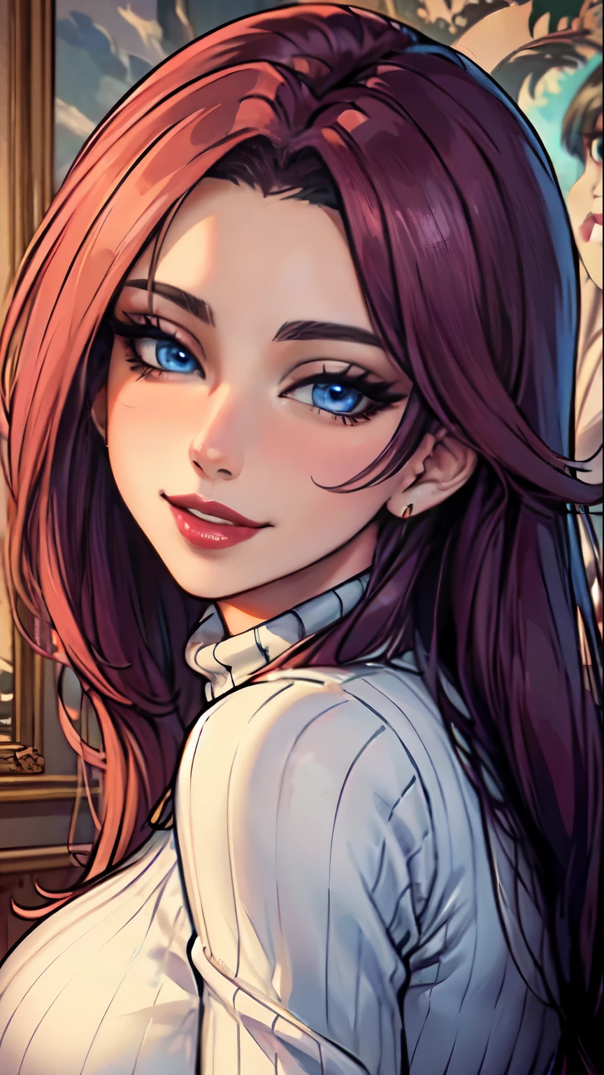 Masterpiece, raw, beautiful art, professional artist, 8k, art style by sciamano240, very detailed face, very detailed hair, (1girl), caressing each other, perfectly drawn body, beautiful face, long hair , very detailed blue eyes , rosey cheeks, intricate details in eyes, sultry smile, looking directly at viewer , lusty expression, lipstick, very close up on face, wearing tight sweater, home setting,