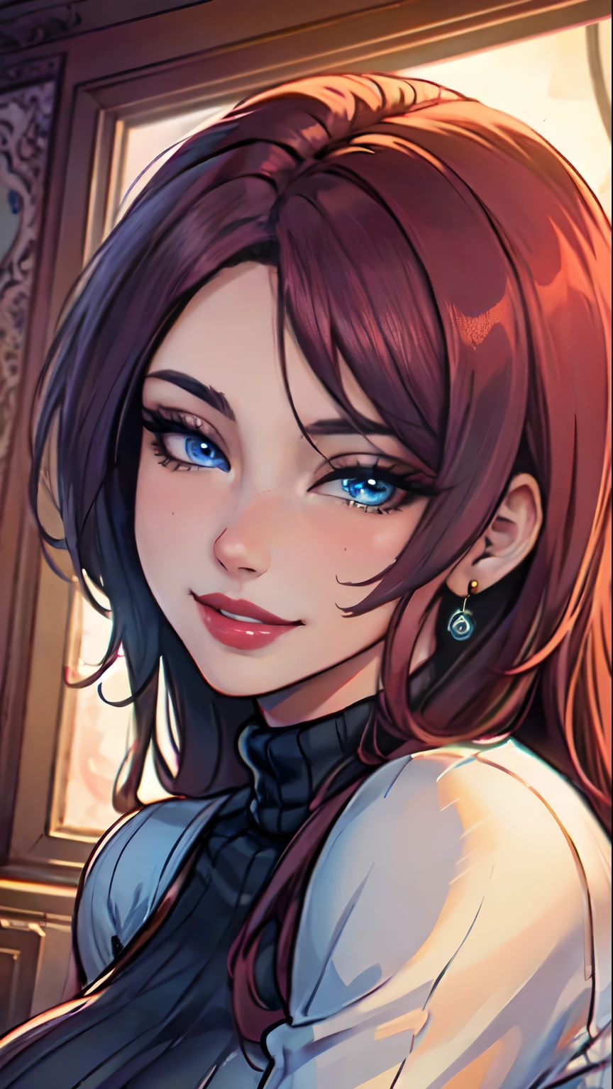 Masterpiece, raw, beautiful art, professional artist, 8k, art style by sciamano240, very detailed face, very detailed hair, (1girl), caressing each other, perfectly drawn body, beautiful face, long hair , very detailed blue eyes , rosey cheeks, intricate details in eyes, sultry smile, looking directly at viewer , lusty expression, lipstick, very close up on face, wearing tight sweater, home setting,