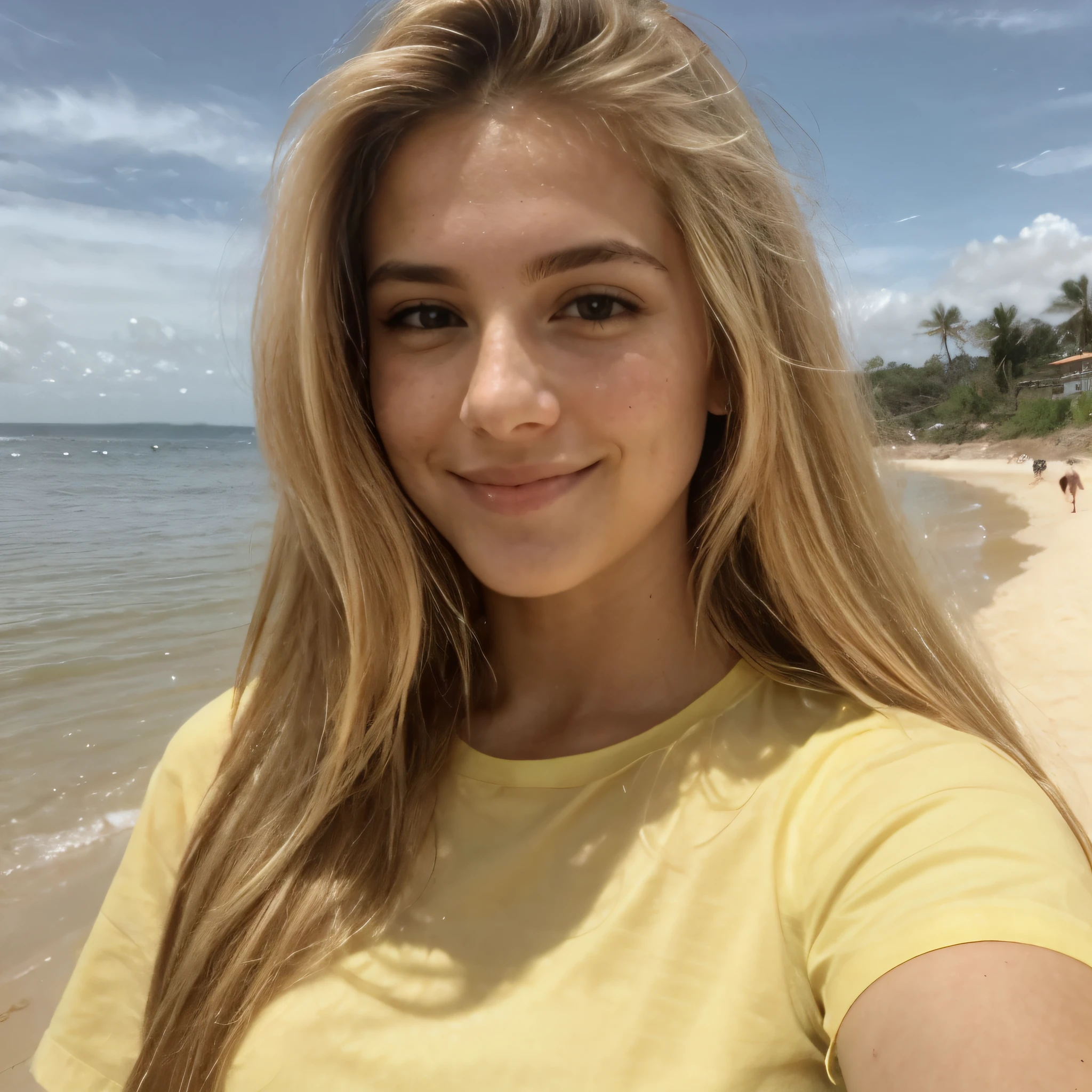 A 23-year-old blonde woman, ((pechos grandes)), ((hiperrealismo)) ,. blonde hair with light brown roots. cabello rubio, Hair with brown roots, cabello extra largo, cabello muy largo, really long hair, Beautiful, Front view, selfie, photo taken with iPhone, elegant yellow shirt with escote, escotada, selfie on the beach, high quality, selfie iPhone, shy smile