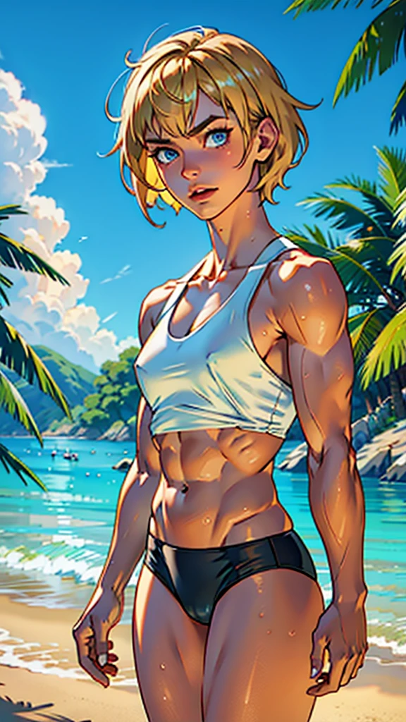(masterpiece, high quality), 1girl, Caucasian, tomboy, , slender, short blonde hair, blue eyes, 10-years-old, (tropical beach background), (black panties), white crop top, strong arms, muscular thighs, ripped muscles, six pack abs, muscle arms, muscular, flat chest, hyper detailed, Intricate design, Luminous, 4K, 8K, Cinematic lighting, Contour lighting, bright, soft light