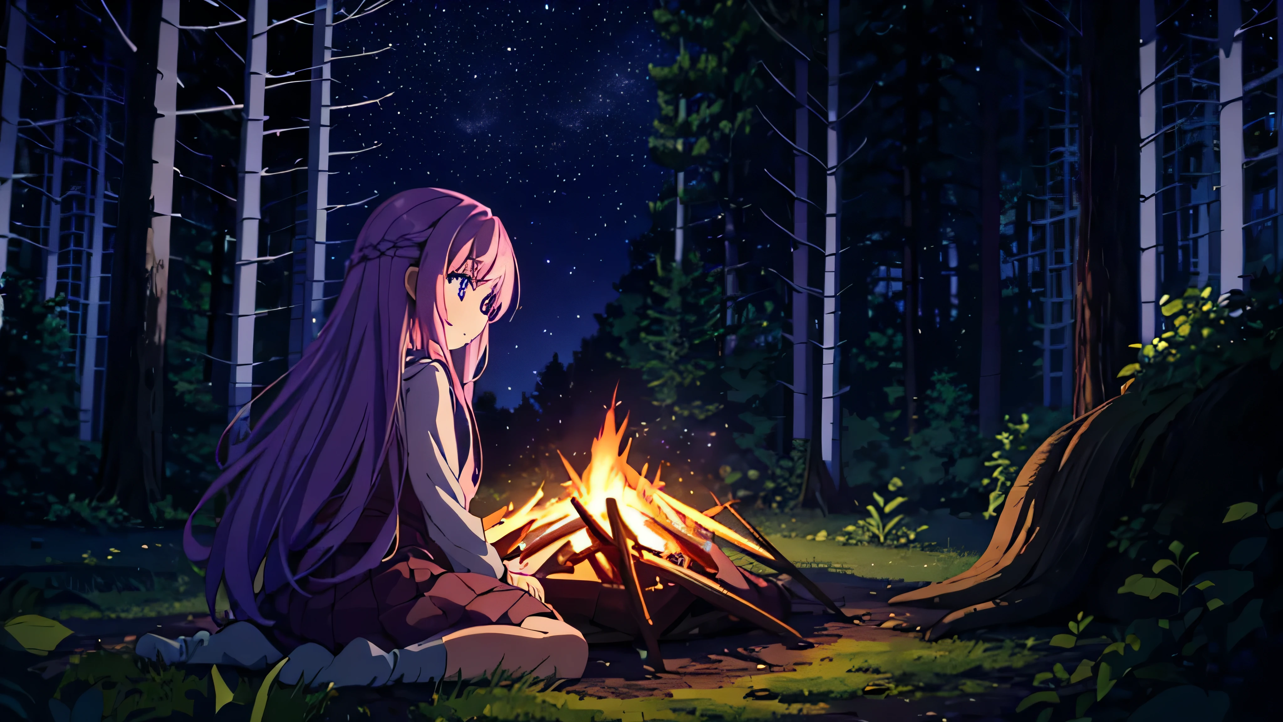 in the dark forest, a bright fire illuminates the surroundings, Cute anime girl with bright purple long hair, girl sits by the fire and looks at the stars, which are visible through the dense forest, Sitting on a fallen tree, Earth