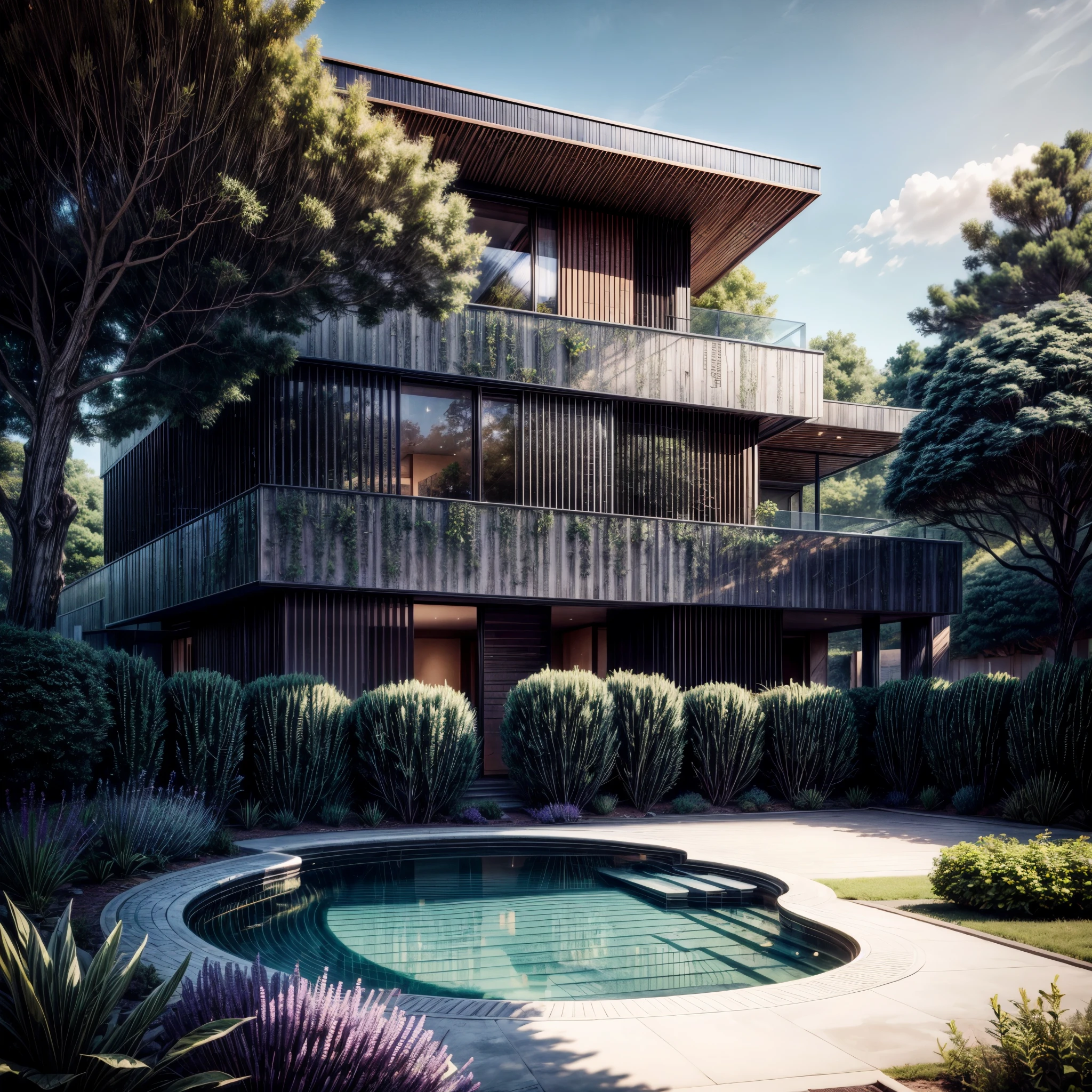 Organic modern architecture on a fairly large plot, from , there is a swimming pool in the middle of a large house of a flower, color of the house in chocolate brown and black beams, large modern residence, flat roofs and garden, render luxcore, render oktane, a photorealistic rendering, architectural rendering, mantra rendering, architectural rendering, realistic rendering, architectural visualization, wellness pool, Architectural visualization, large green zones, with small zones of lavender flowers, green shrubs type lush green garden, as well as small water mirrors, swimming pool embedded in an area of sand, olive and pine trees around the house, paddle court next to the house