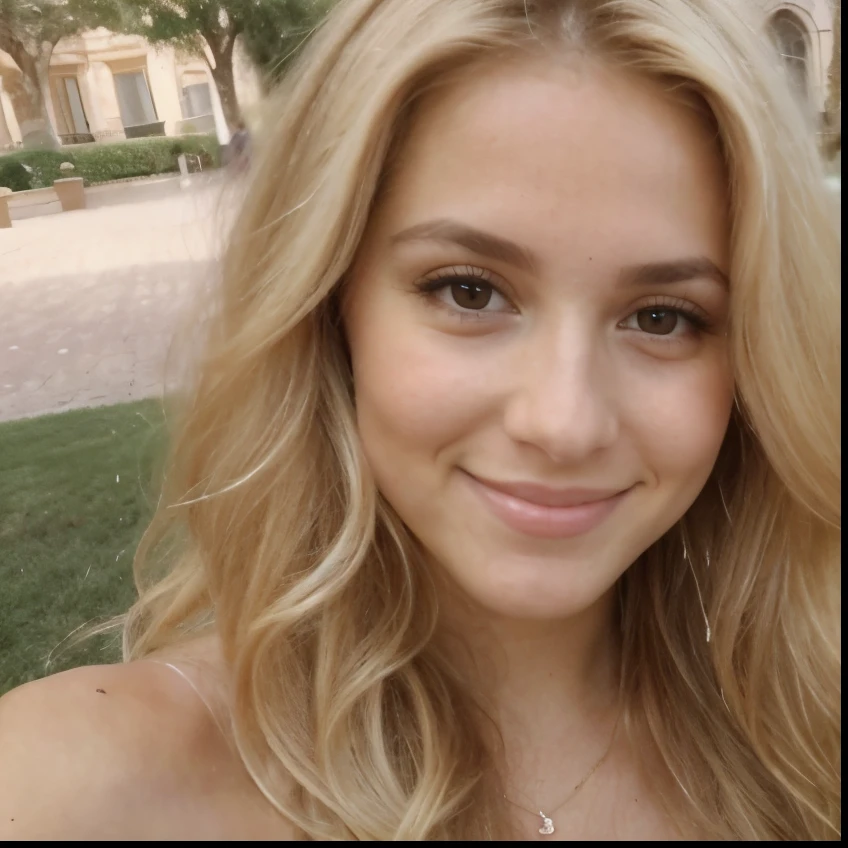 A 23-year-old blonde woman, ((pechos grandes)), ((hiperrealismo)) ,. blonde hair with light brown roots. cabello rubio, Hair with brown roots, cabello extra largo, cabello muy largo, really long hair, Beautiful, Front view, selfie, photo taken with iPhone, elegant yellow dress with escote, escotada, selfie in the quad, high quality, selfie iPhone, shy smile