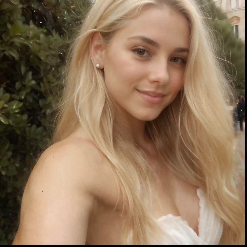 A 23-year-old blonde woman, ((pechos grandes)), ((hiperrealismo)) ,. blonde hair with light brown roots. cabello rubio, Hair with brown roots, cabello extra largo, cabello muy largo, really long hair, Beautiful, Front view, selfie, photo taken with iPhone, elegant yellow dress with escote, escotada, selfie in the quad, high quality, selfie iPhone, shy smile