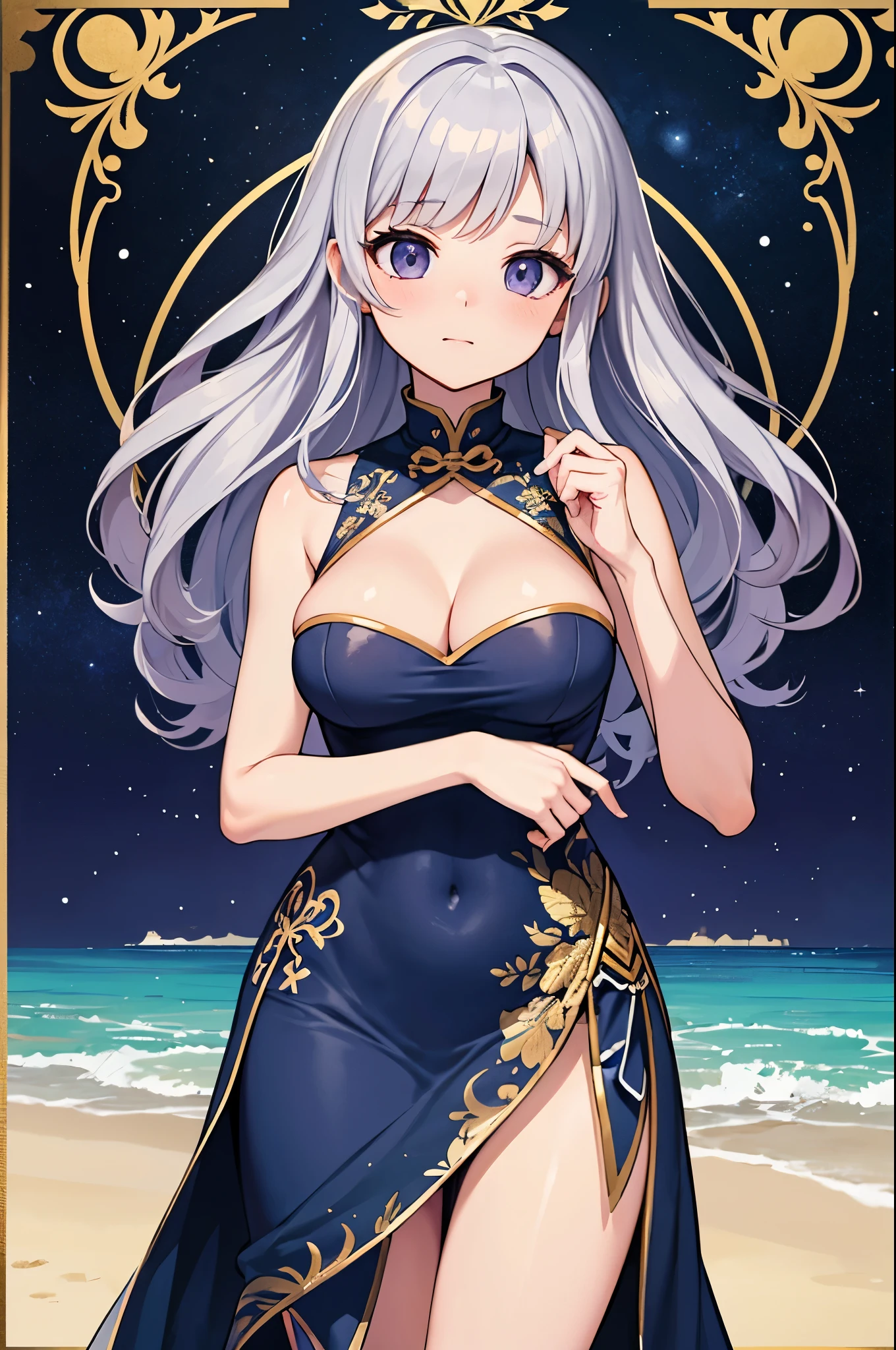 （masterpiece）、(highest quality)、((Super detailed))、(super delicate)、cute、Pastel colors hair、beautiful breasts、Gorgeous、fantastic sea of stars、Golden, silver and purple cheongsam