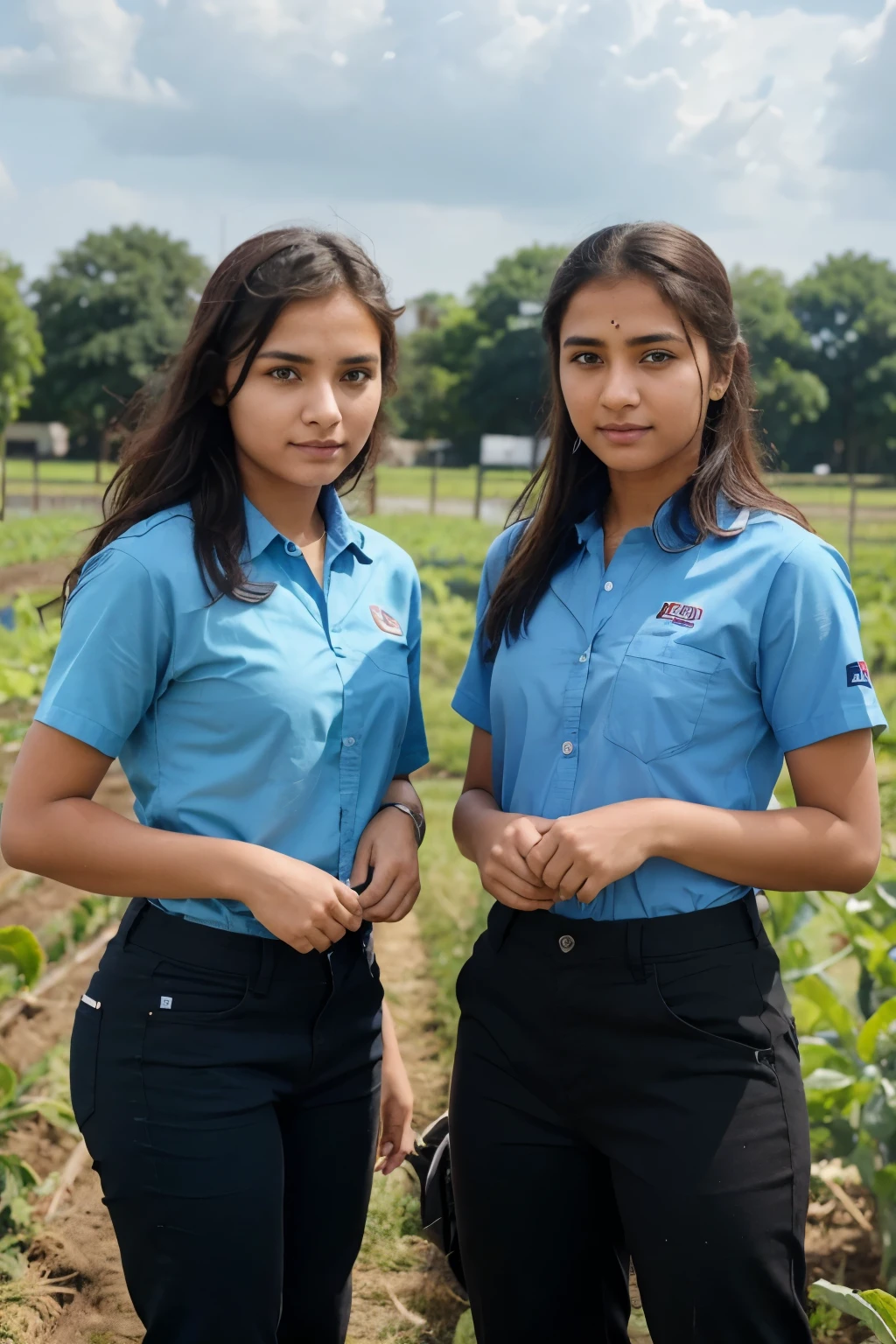 3 agriculture science student doing work in feild and wearing college uniform sky blue shirt and black pant & the students are belongs to india so the skin color is tittle dark