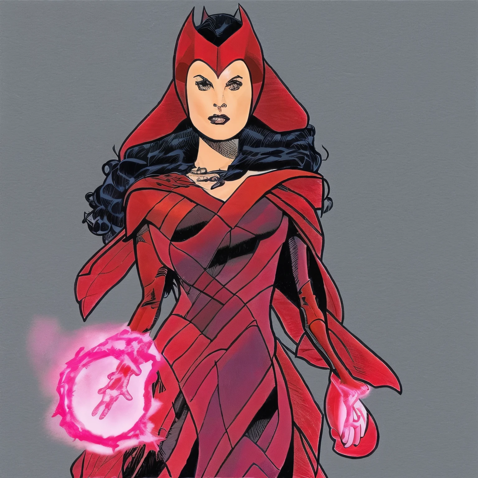 Draw a scarlet witch from marvel movie with medium black hair