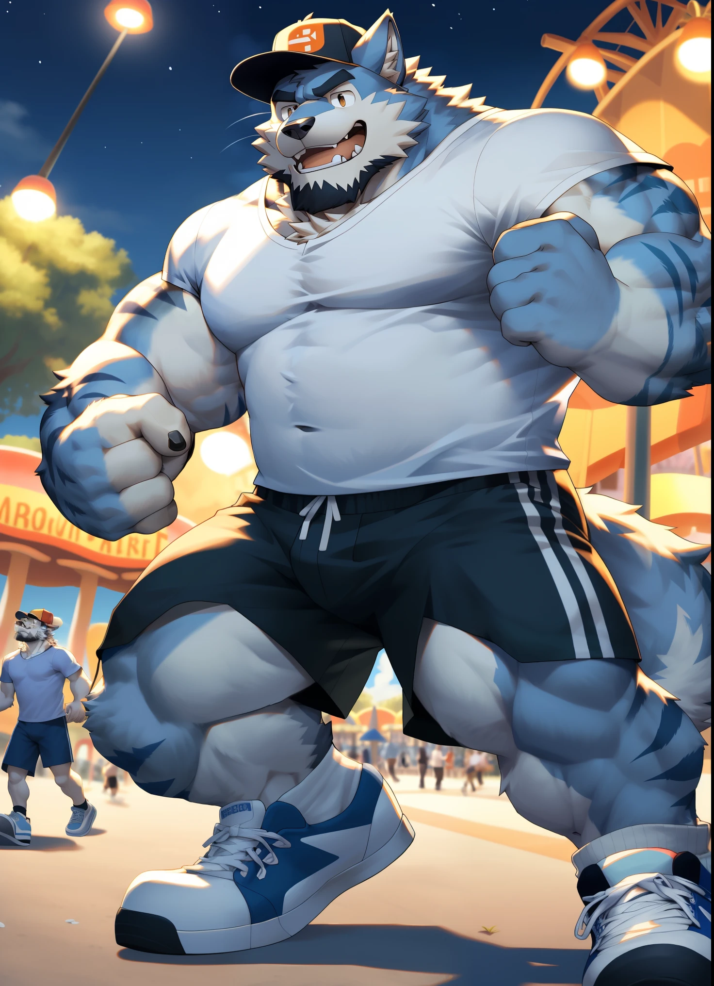 hairy，（（Wolf，Loose shirt，shorts，Board shoes，hat）），beard，white socks，white fur，male，Common，full body picture（（极其lifelike阴影，masterpiece，Very detailed，lifelike））， （（Cat）），dynamic poses，amusement park，night（（极其lifelike背景，masterpiece，Very detailed，lifelike））detailed background
