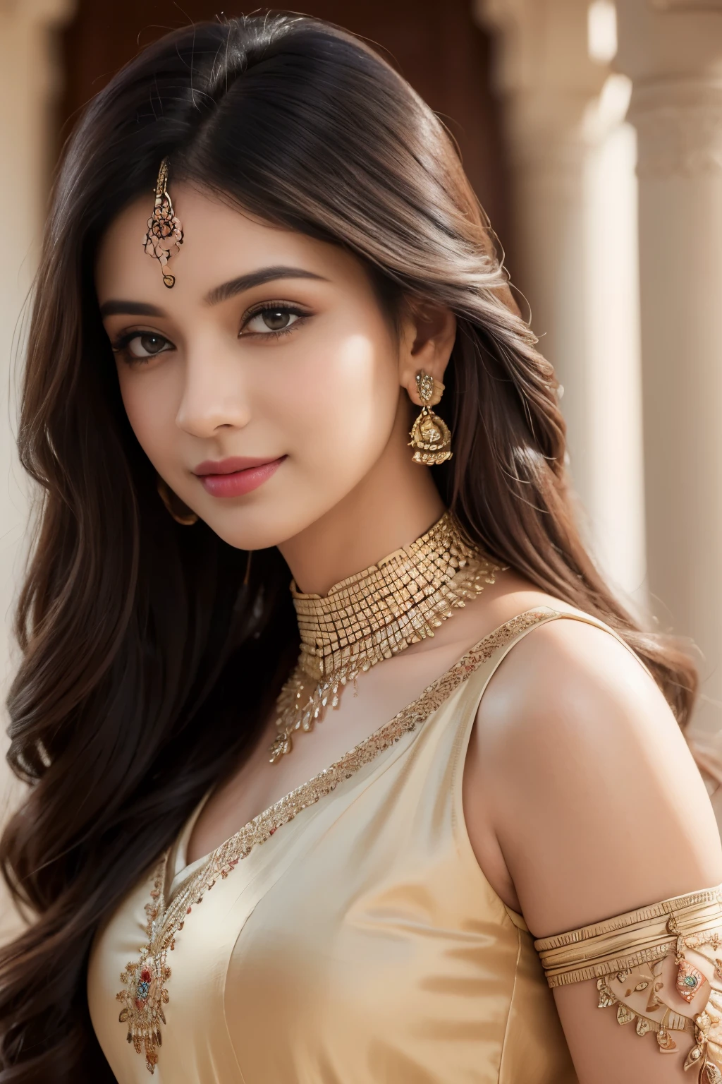 (best quality,4k,8k,highres,masterpiece:1.2),ultra-detailed,(realistic,photorealistic,photo-realistic:1.37),beautiful detailed eyes,beautiful detailed lips,extremely detailed eyes and face,longeyelashes,1girl,desi girl,gujrati girl,perfect face,dark long hair,traditional indian clothes,looking towards the camera,portrait,detailed henna patterns,vibrant colors,soft lighting,upper body shot, more focus on the face,light smile,