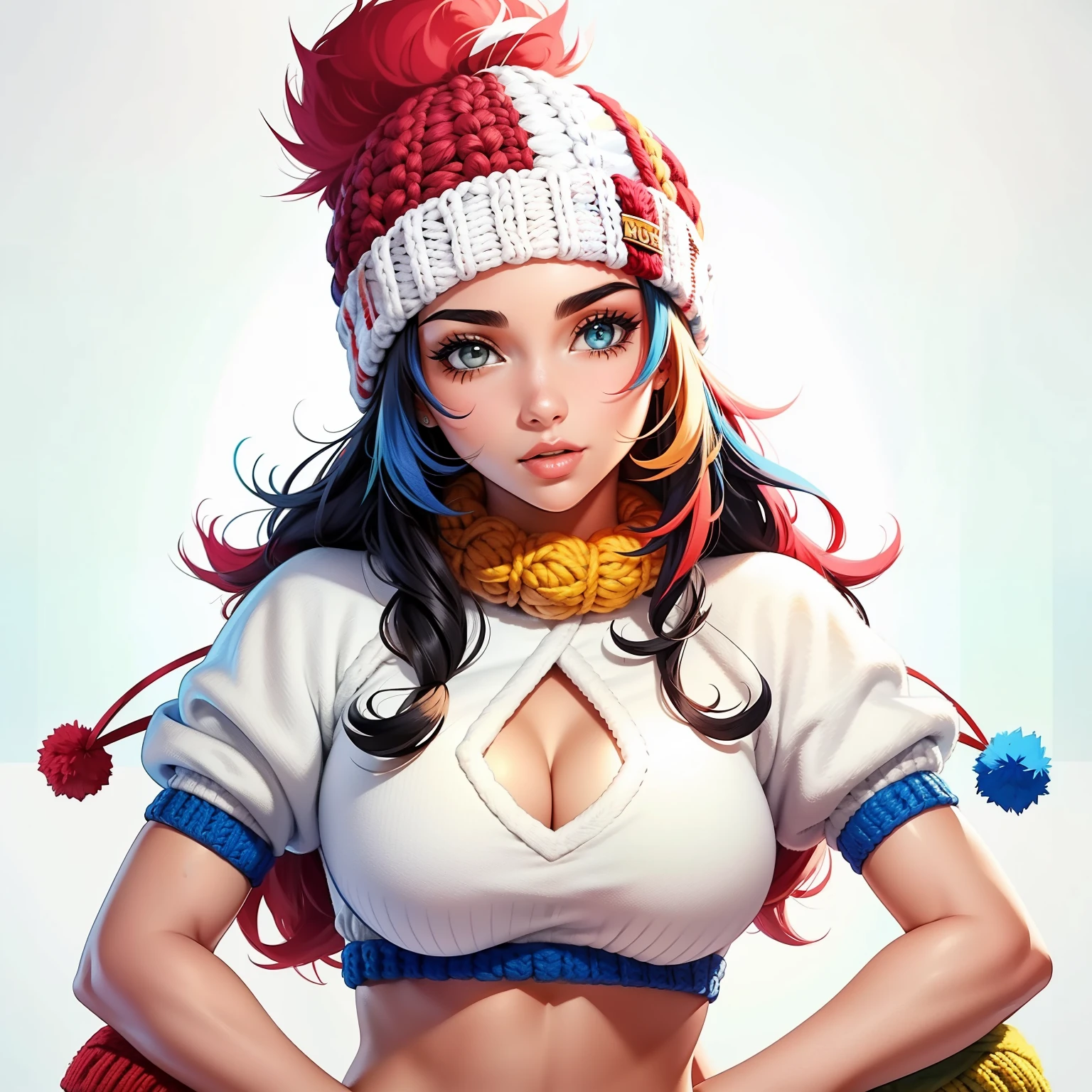 uma mulher em um gorro de malha com um pom pom, kei hall, branco e bege, bold coloring,