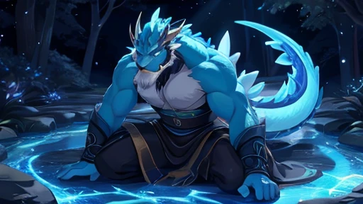 shiny blue dragon、the ground glows、beard、Beauty