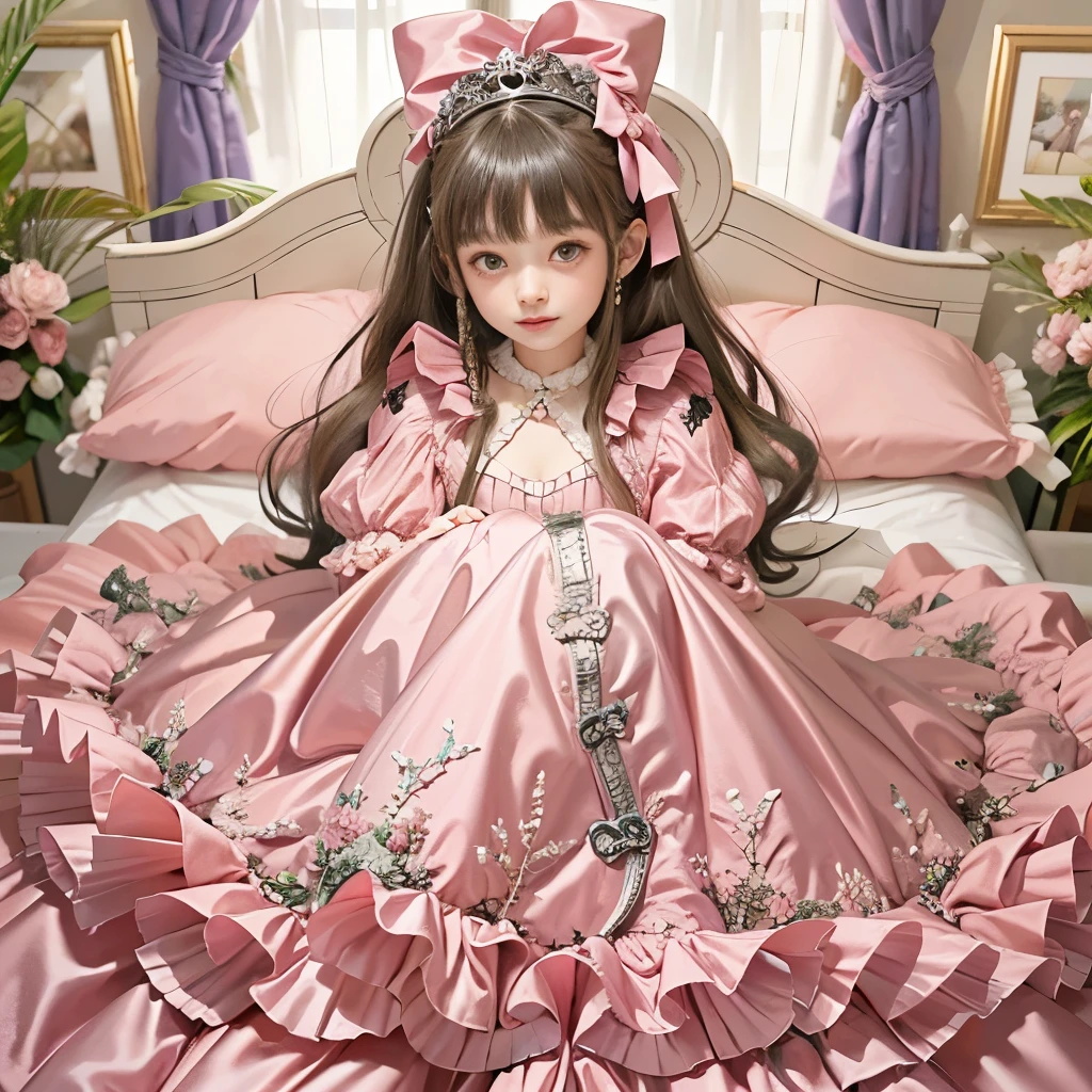 highest quality, masterpiece, highest resolution, artwork, super それにget used to it, many get used to it, get used to it, それにget used to it,,girl, (()),(()),girlはお姫様です,((girly dark pink satin fabric)), Long hair that reaches to the waist,Tiara on head,((Victorian ballgown dress with plenty of pink ruffles and bows and a voluminous full-length hoop skirt.)),long sleeve,long dress,A dress with lots of frills and ribbons....,luxury,((Palace bedroom)),((Huge square victorian canopy king size bed)),(girlがベッドに座っている),lots of frilly pillows,ruffle bed skirt,