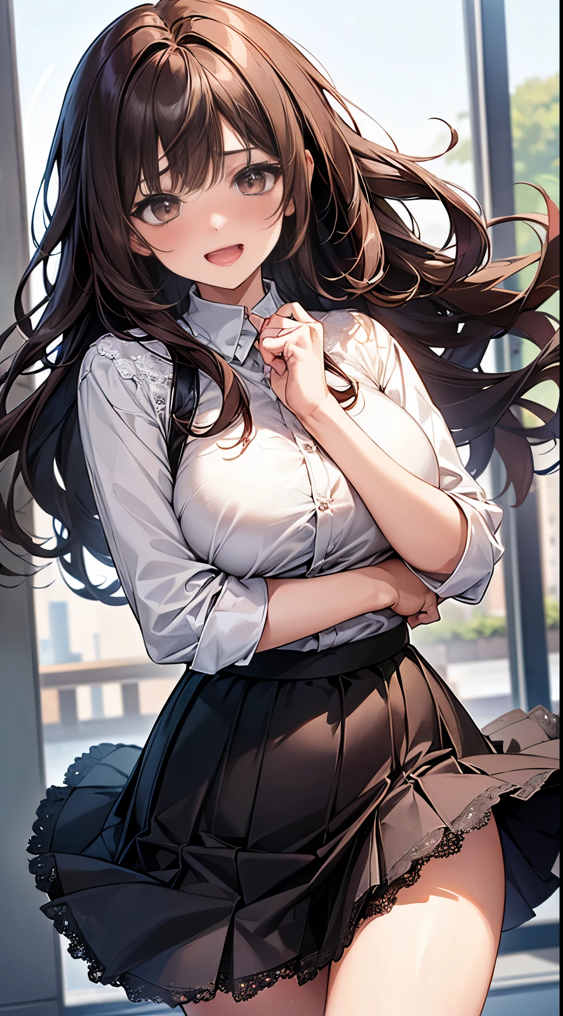 top quality、ultra high resolution、1 lady,dark brown hair,long wavy hair、a 20 yo woman、Medium large breasts、((impatient look)),Beautiful CUHK、White shirt,Mini flared skirt,Good style、(Cute expression with shy smile)、((open mouth))、((cheeks flushed、embarrassed expression)),(((The skirt was rolled up by the wind)))、(front)、((i can see all my))((Press and hold the skirt))、(See below)、((Light lace))