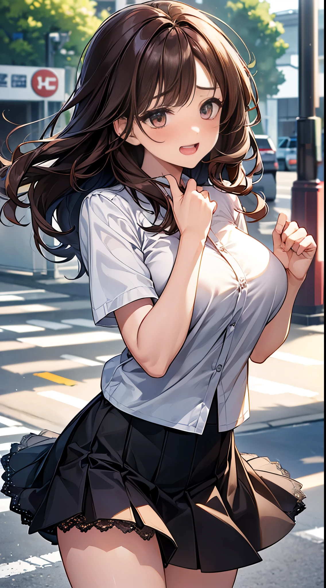 top quality、ultra high resolution、1 lady,dark brown hair,long wavy hair、a 20 yo woman、Medium large breasts、((impatient look)),Beautiful CUHK、White shirt,Mini flared skirt,Good style、(Cute expression with shy smile)、((open mouth))、((cheeks flushed、embarrassed expression)),(((The skirt was rolled up by the wind)))、(front)、((i can see all my))((Press and hold the skirt))、(See below)、((Light lace))