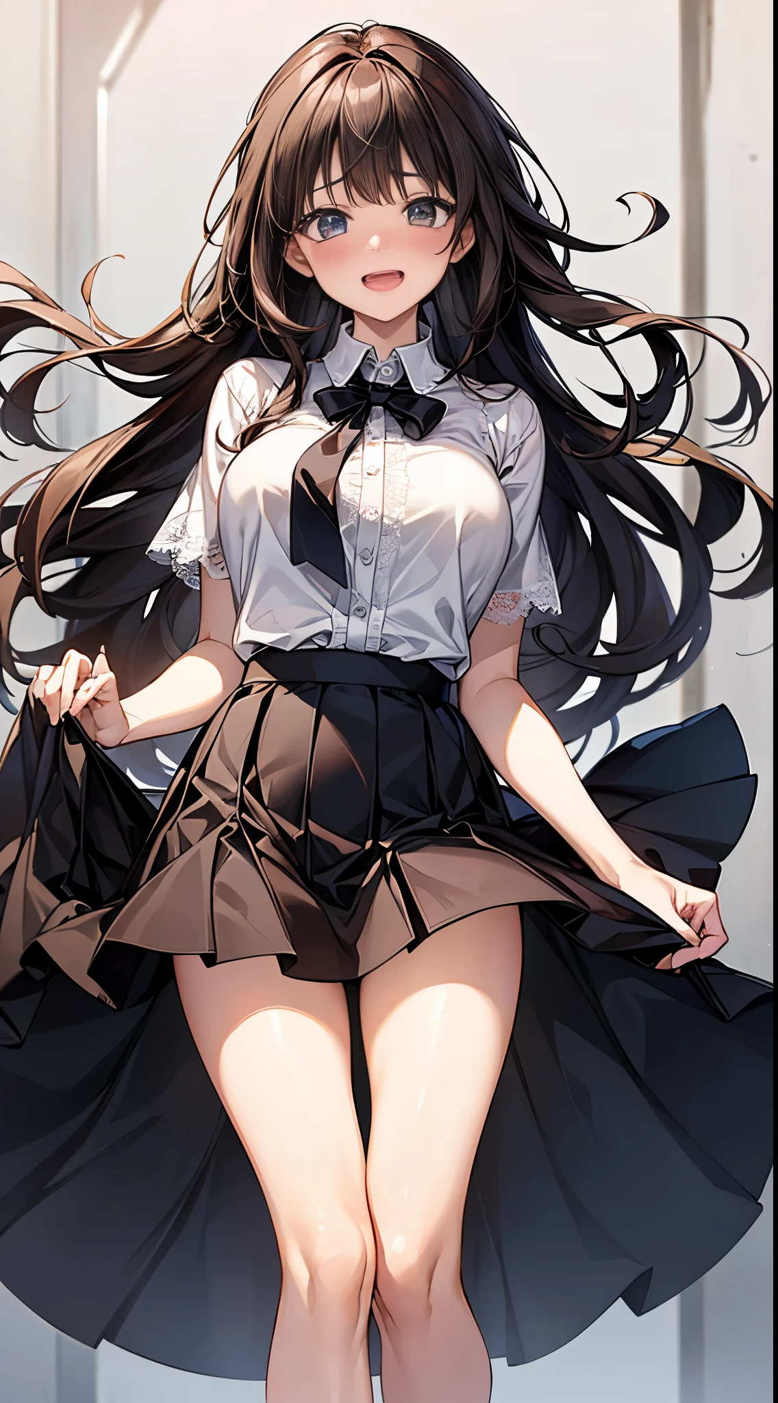 top quality、ultra high resolution、1 lady,dark brown hair,long wavy hair、a 20 yo woman、Medium large breasts、((impatient look)),Beautiful CUHK、White shirt,Mini flared skirt,Good style、(Cute expression with shy smile)、((open mouth))、((cheeks flushed、embarrassed expression)),(((The skirt was rolled up by the wind)))、(front)、((i can see all my))((Press and hold the skirt))、(See below)、((Light lace))