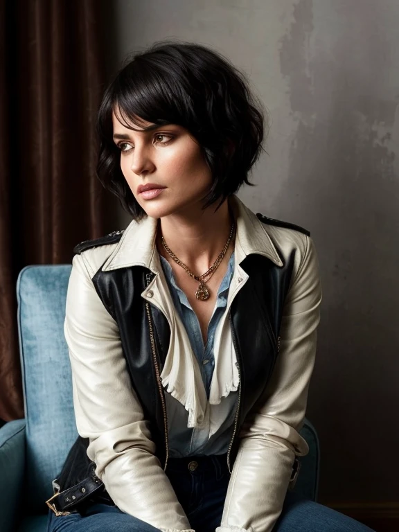 beautiful woman aged 38, disheveled dark straight short hair with fringe, head bowed, sad pensive face, wearing a leather jacket, necklace, white shirt and denim pants, sitting on an elegant armchair, casual pose, thoughtful face, cozy room in the rococo style in the background, moody light