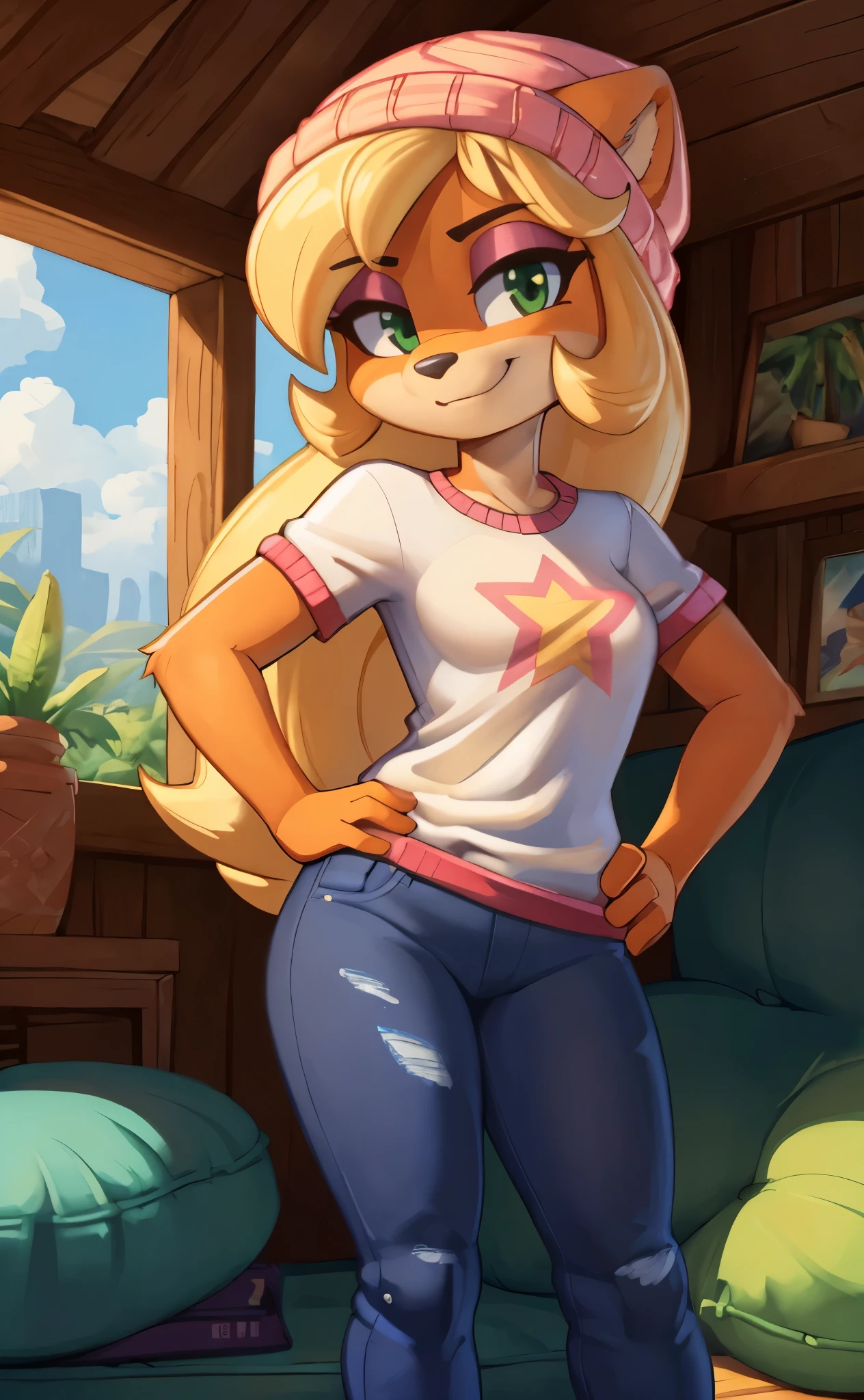 [Coco bandicoot], [Uploaded to e621.net; (Pixelsketcher), (wamudraws)], ((masterpiece)), ((HD)), ((solo portrait)), ((full body)), ((front view)), ((feet visible)), ((furry; anthro)), ((detailed fur)), ((detailed shading)), ((beautiful render art)), ((intricate details)), {anthro; orange fur, black nose, (cute green eyes), (short eyelashes), (pink eyeshadow), (long blonde curly hair), (curvy hips), (beautiful legs), (blushing), (smug smirk)}, {white tee shirt), (yellow star printed on shirt), (tight bell-bottom jeans), (white sneakers), (pink beanie)}, {(standing), (hand on hip), (looking at viewer)}, [background; (tropical forest), (tree house), (living room), (pink beanbag), (window), (blue sky), (sun rays)]