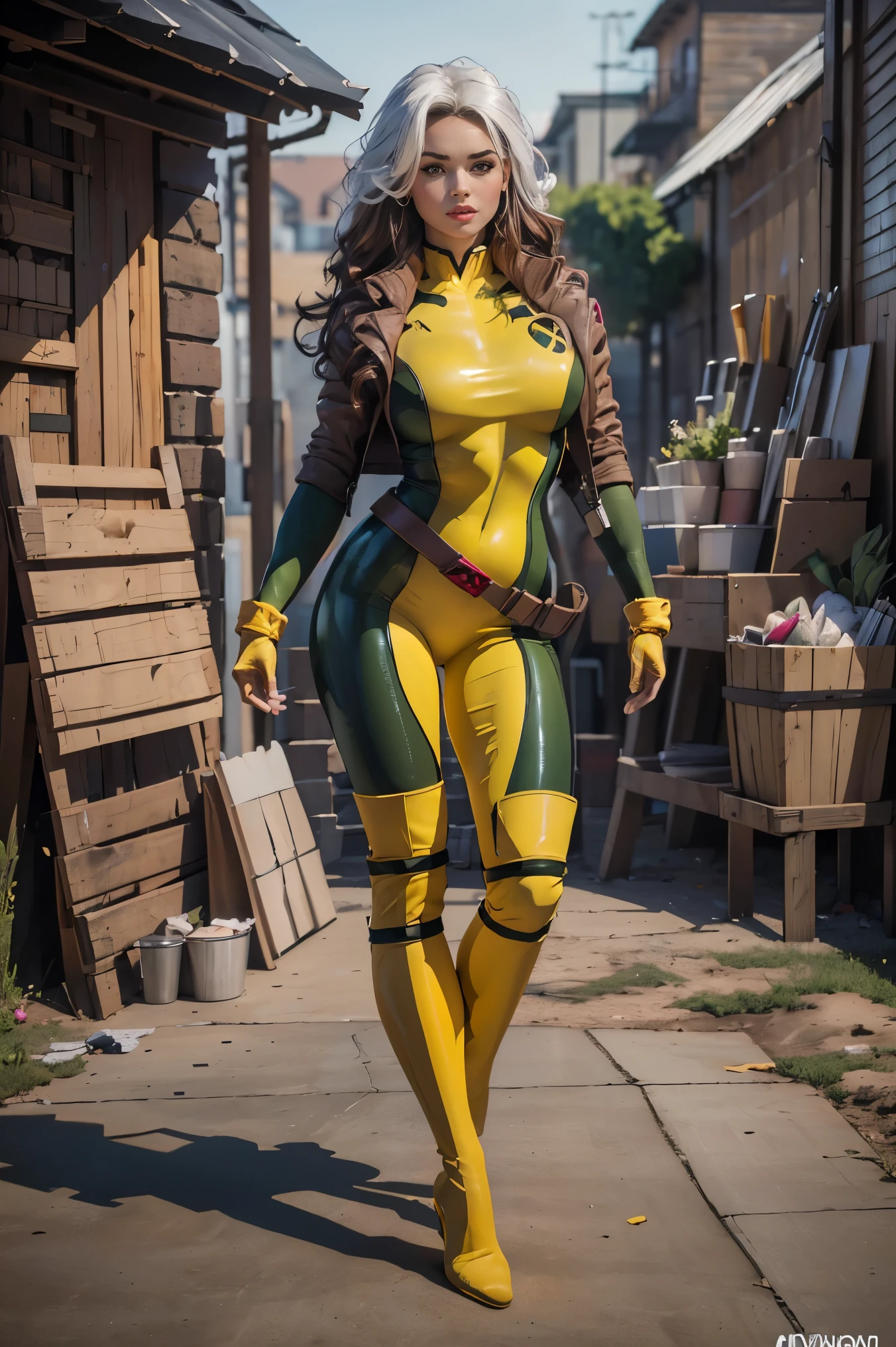 (best quality,4k,8k,highres,masterpiece:1.2),ultra-detailed,(realistic,photorealistic,photo-realistic:1.37),full body shot,Rogue,X-Men,yellow thigh high boots,beauty pose, standing tall, show feet