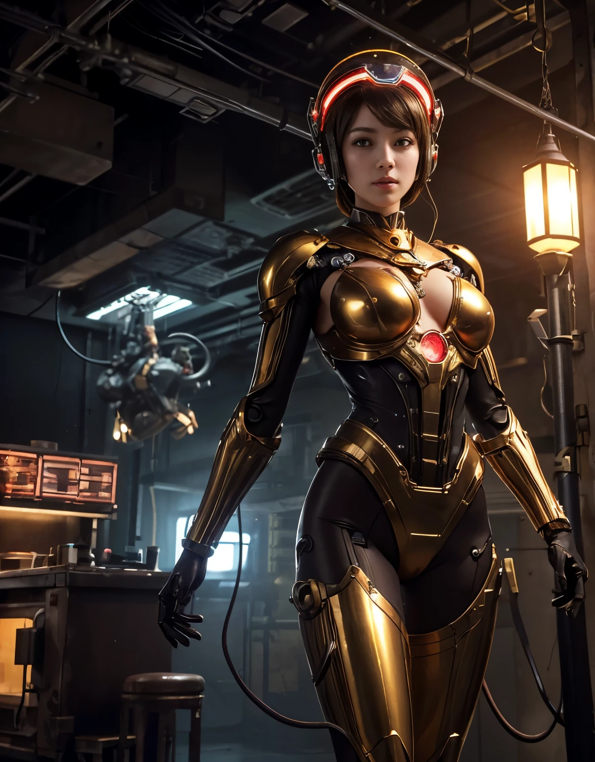 (Background of skimpy mechanical girl and octopus alien)、（Mystical expression）、highest quality、masterpiece、Super high resolution、(Photoreal:1.4)、RAW photo、1 girl、glowing skin、(((1 Mechanical Girl)))、Heavy chest、（gold metal bodysuit）、(Natural alien background to fight aliens)、(Small LED)、((Super realistic details))、vertical giant monster background),global illumination、Shadow、octane rendering、16K、super sharp、robotの背景、big breasts、Raw skin exposed in the cleavage、red metal、intricate decorative details、Japan details、very intricate details、realistic light、(Mystical expression),CG Society Trenlow Eyes、Eyes shining towards the camera、Mechanical marginal blood vessels connected to neon detail tubes)、(Wires and cables connecting to the head)、Small LED、,mechanical thighs、two stock、（Hands are also made of machines）、robot、future alien、Please wear a mechanical helmet、transparent face guard on helmet、