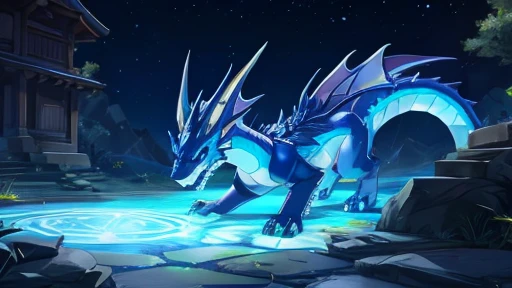 shiny blue dragon、the ground glows