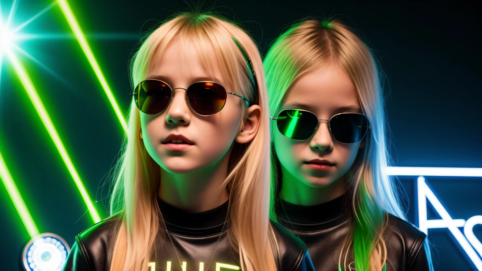 image of a kids girls blonde with sunglasses and a sign, halo on fire, heavy metal band promo, green lasers.