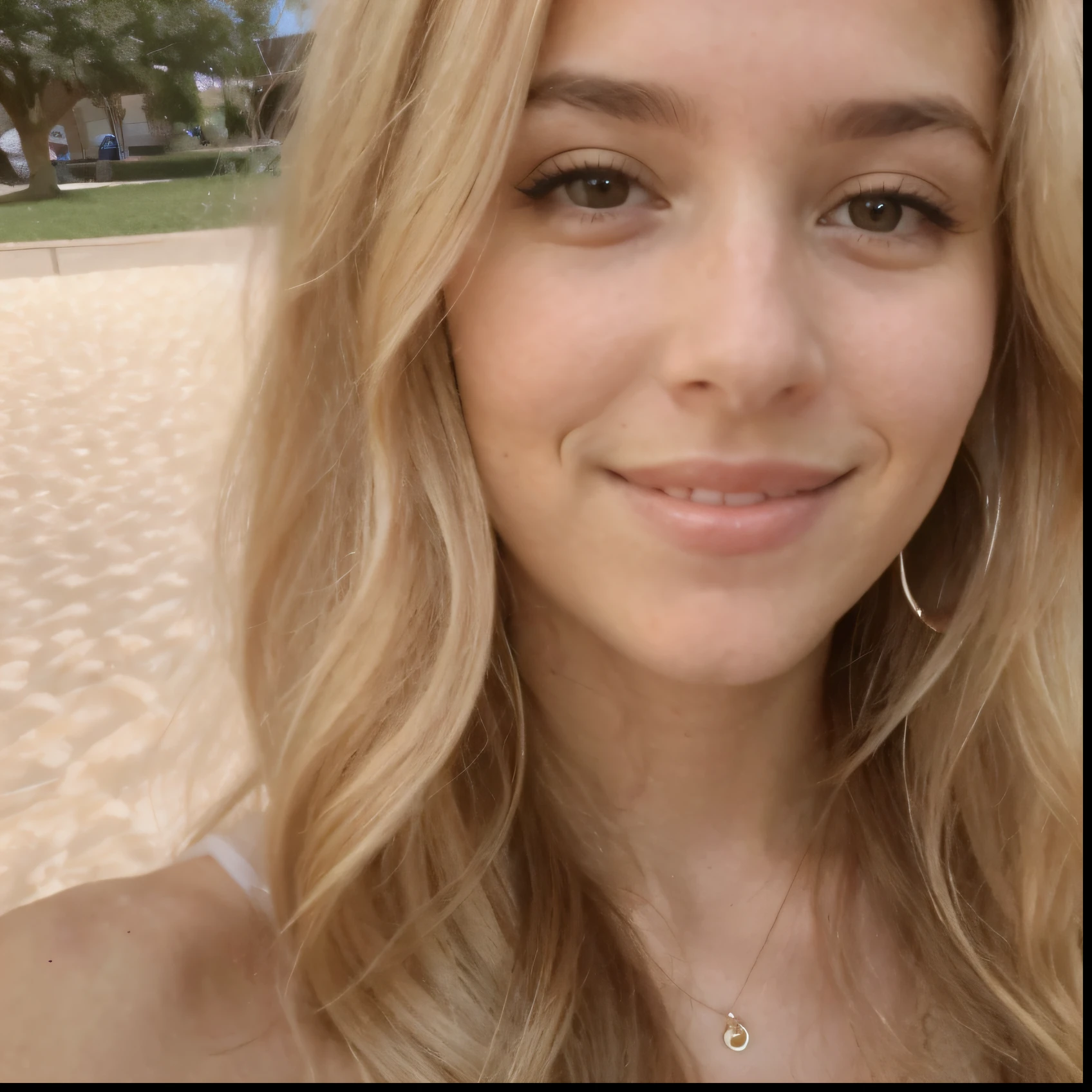 A 23-year-old blonde woman, ((pechos grandes)), ((hiperrealismo)) ,. blonde hair with light brown roots. cabello rubio, Hair with brown roots, cabello extra largo, cabello muy largo, really long hair, Beautiful, Front view, selfie, photo taken with iPhone, elegant yellow tank with escote, escotada, selfie in the quad, high quality, selfie iPhone, shy smile