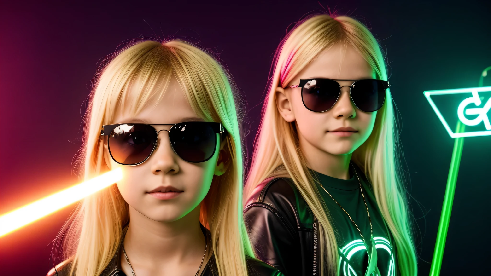 image of a  girls blonde with sunglasses and a sign, halo on fire, heavy metal band promo, green lasers.