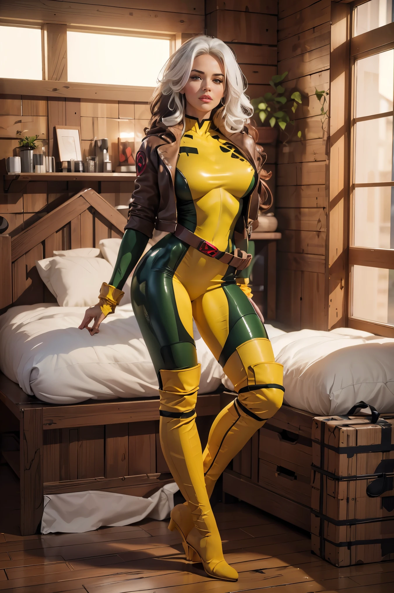 (best quality,4k,8k,highres,masterpiece:1.2),ultra-detailed,(realistic,photorealistic,photo-realistic:1.37),full body shot,Rogue,X-Men,yellow thigh high boots,beauty pose, standing tall, show feet