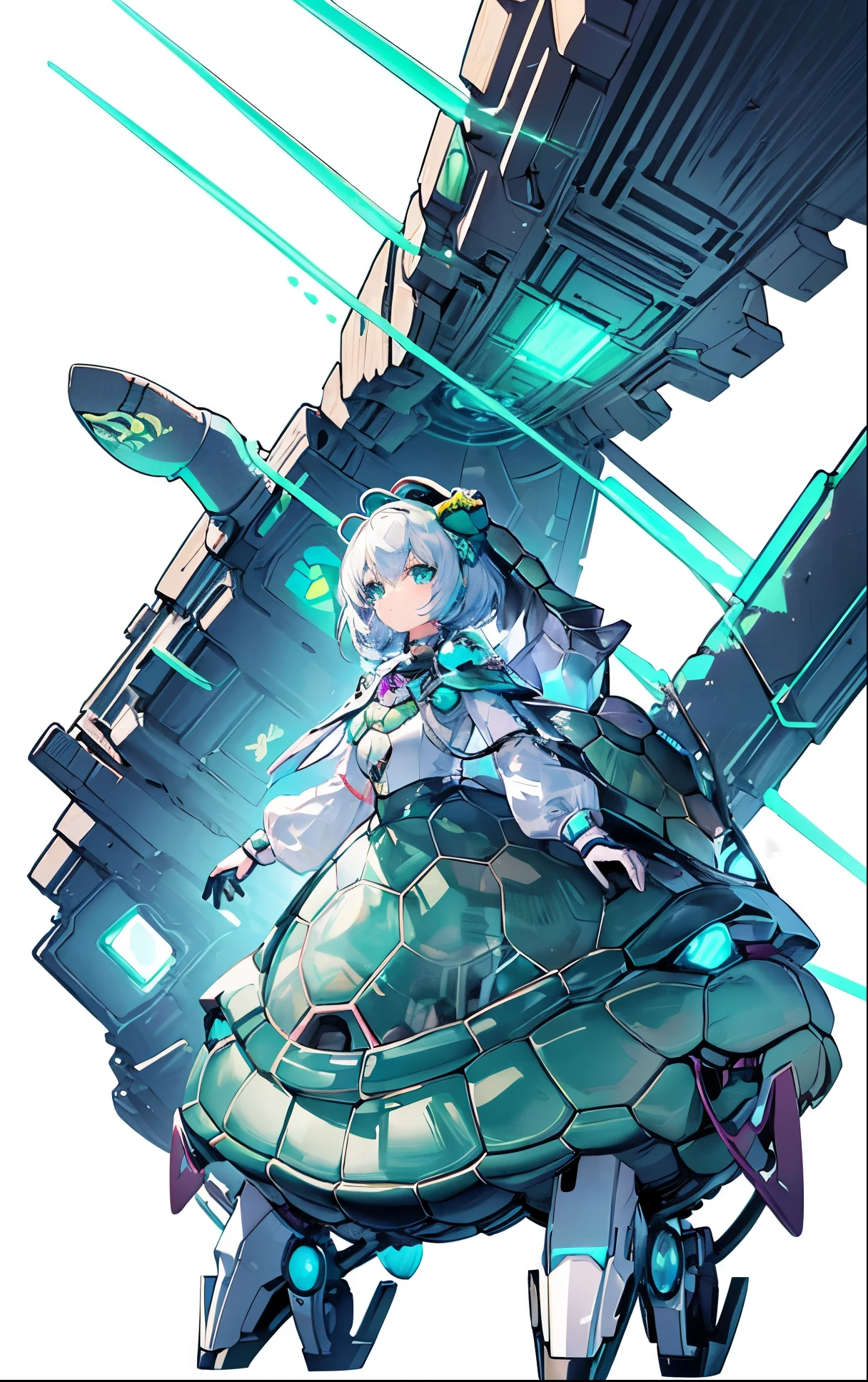 super sweet and cute,beautiful girl(anthropomorphic turtle:1.5),transparent cute horse, Transparent mecha, Exquisite helmet:1.2, Glow-in-the-dark goggles:1.2, cyberpunk, dreamy light, glowing neon light, Clean, White background,