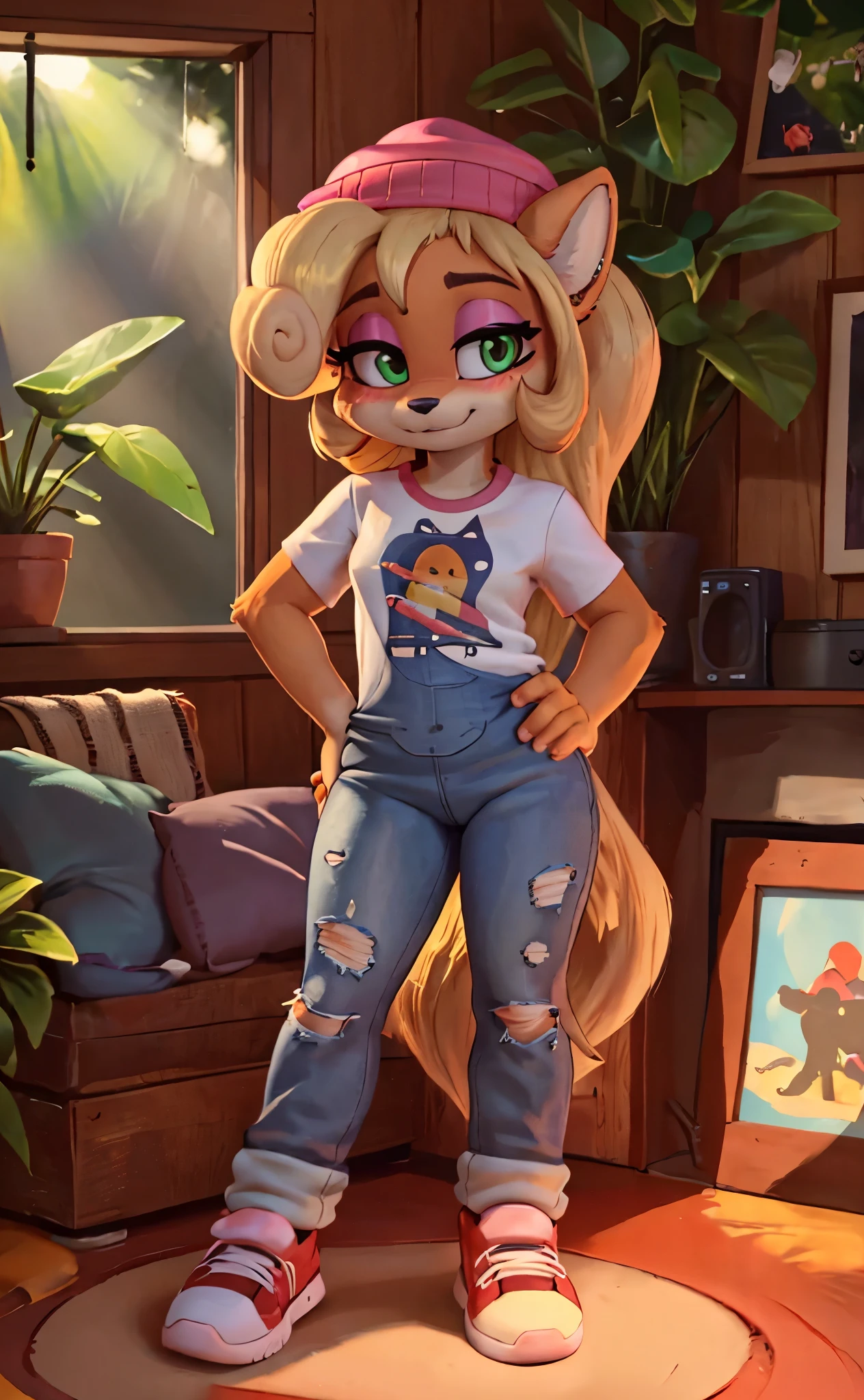 [Coco bandicoot], [Uploaded to e621.net; (Pixelsketcher), (wamudraws)], ((masterpiece)), ((HD)), ((solo portrait)), ((full body)), ((front view)), ((feet visible)), ((furry; anthro)), ((detailed fur)), ((detailed shading)), ((beautiful render art)), ((intricate details)), {anthro; orange fur, black nose, (cute green eyes), (short eyelashes), (pink eyeshadow), (long blonde curly hair), (curvy hips), (beautiful legs), (blushing), (smug smirk)}, {white tee shirt), (yellow star printed on shirt), (tight bell-bottom jeans), (white sneakers), (pink beanie)}, {(standing), (hand on hip), (looking at viewer)}, [background; (tropical forest), (tree house), (living room), (pink beanbag), (window), (blue sky), (sun rays)]