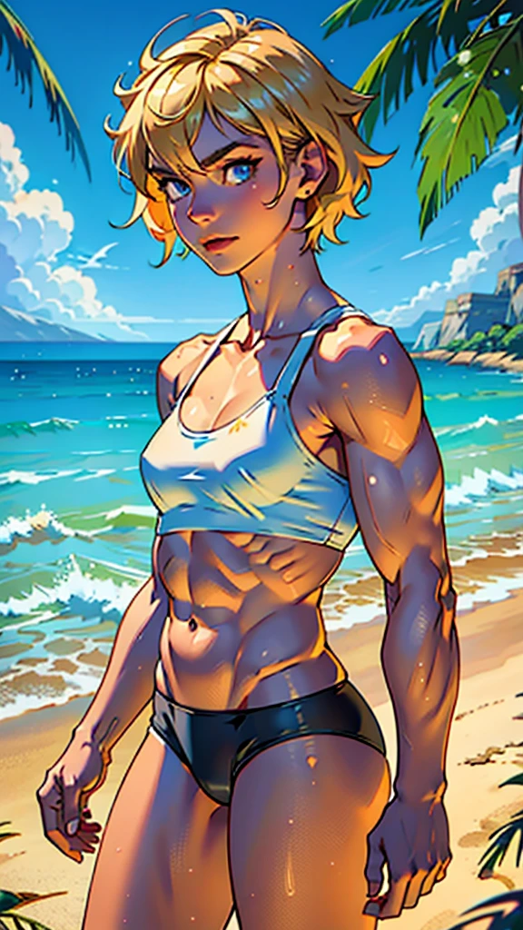 (masterpiece, high quality), 1girl, Caucasian, tomboy, slender, short blonde hair, blue eyes, 10-years-old, (tropical beach background), (black panties), white crop top, strong arms, muscular thighs, ripped muscles, six pack abs, muscle arms, muscular, flat chest, hyper detailed, Intricate design, Luminous, 4K, 8K, Cinematic lighting, Contour lighting, bright, soft light