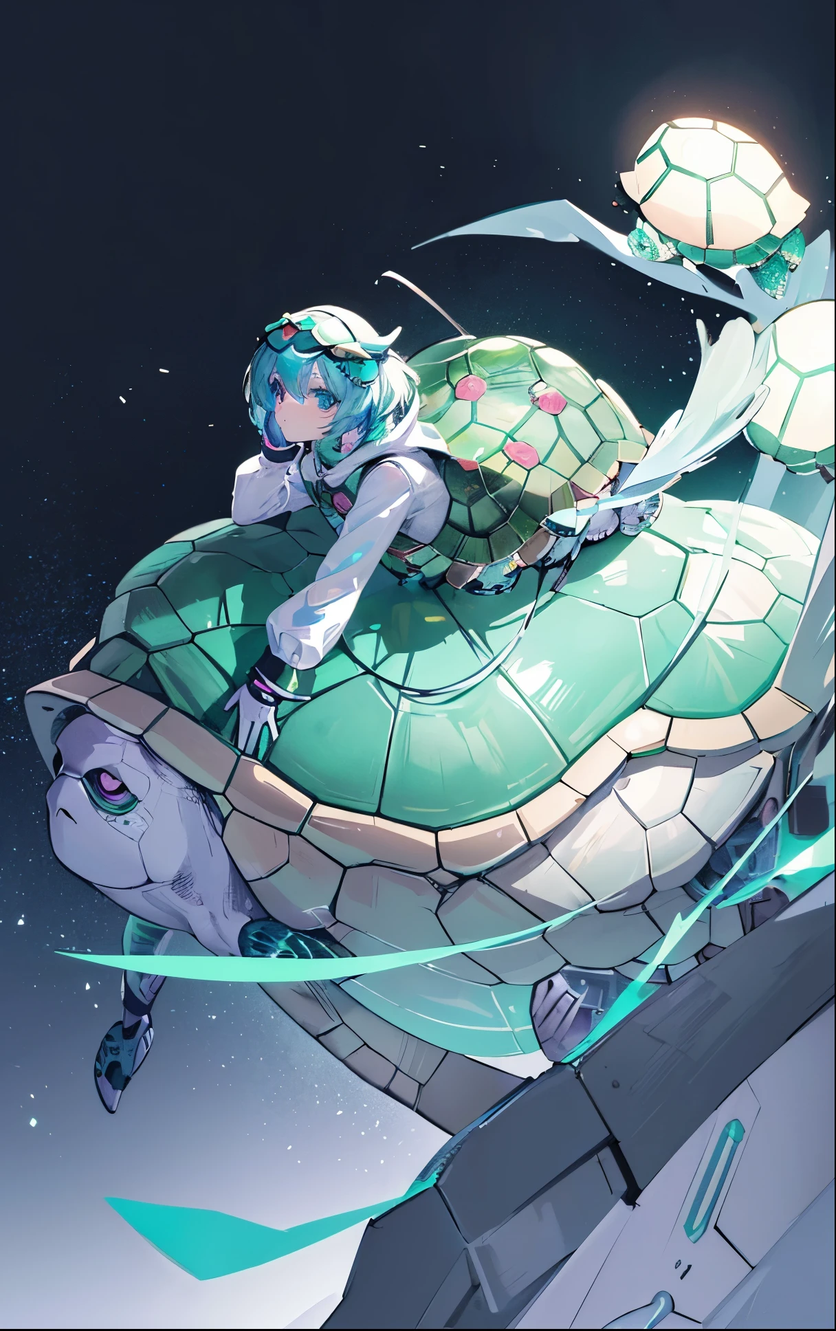 super sweet and cute,beautiful girl(anthropomorphic turtle:1.5),transparent cute horse, Transparent mecha, Exquisite helmet:1.2, Glow-in-the-dark goggles:1.2, cyberpunk, dreamy light, glowing neon light, Clean, White background,