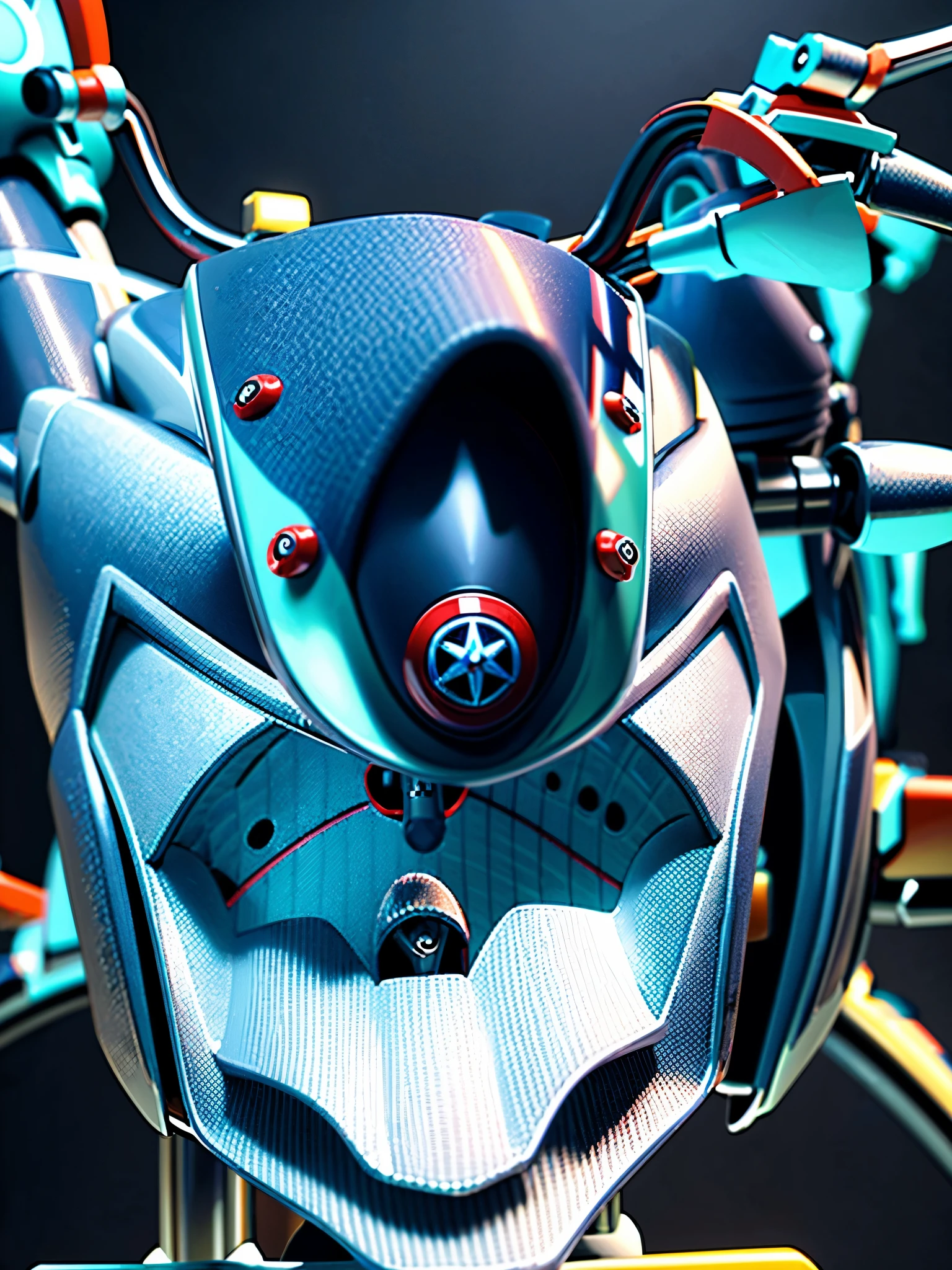 Best quality, mastetpiece, high resolution, 8k, HDR, robot, metal, crome, gliter, motorbike, glossy, shiny, (full color), red black blue white